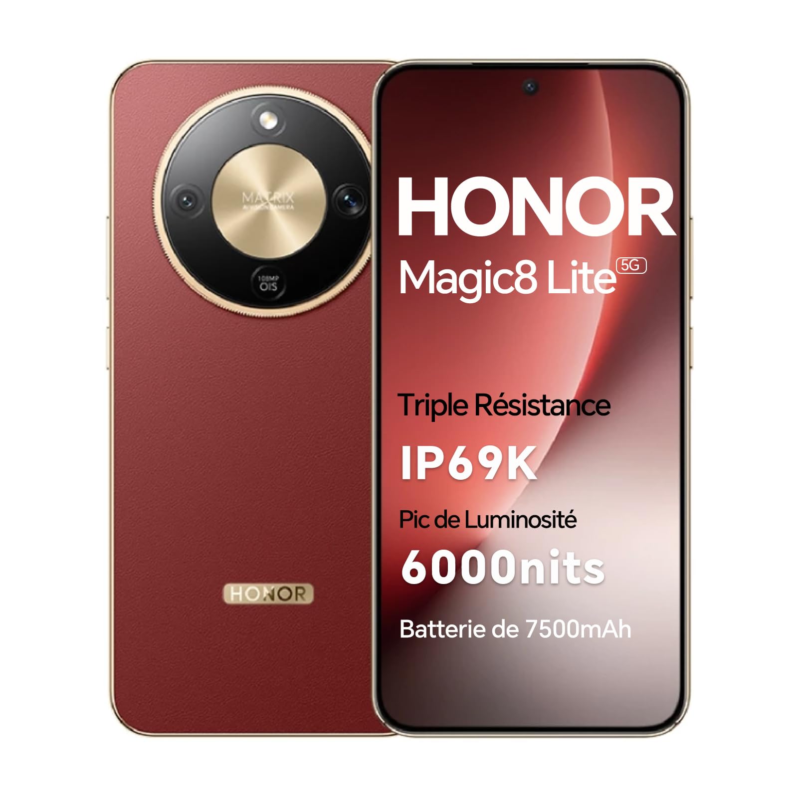 HONOR Magic8 Lite Smartphone, écran AMOLED 6,79" 120hz, IP68/IP69K, 8+512 Go, 7500 mAh Telephone Portable, 108MP avec OIS,Débloqué 5G Double SIM (Reddish Brown