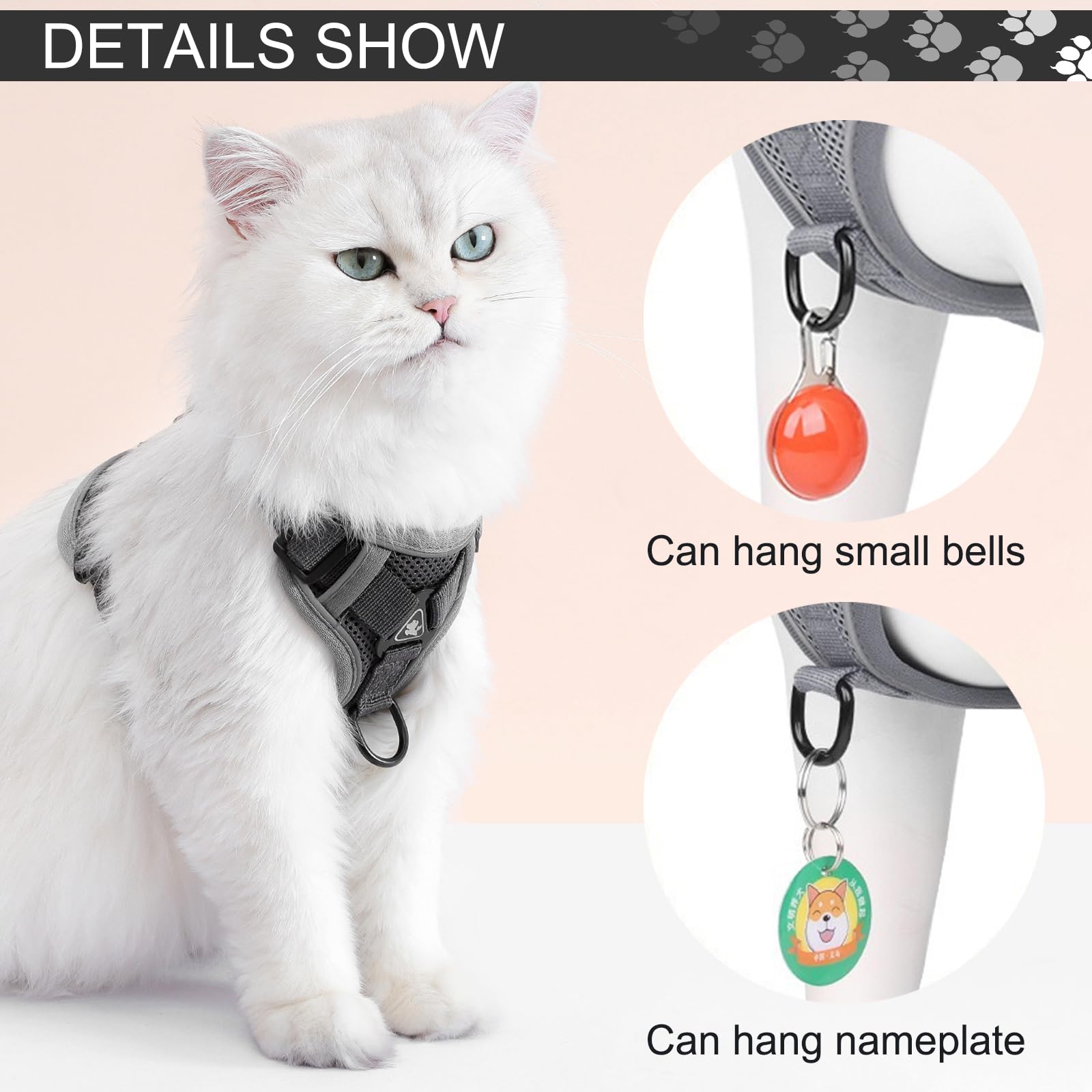 TYXHXTF Pettorina Gatto con Guinzaglio per Gatti Allungabile, Imbracatura per Gatti Antifuga, con Riflettente, Morbido Traspirante Pettorina Gatto, per Cuccioli Passeggiate all'aperto (Grigio)