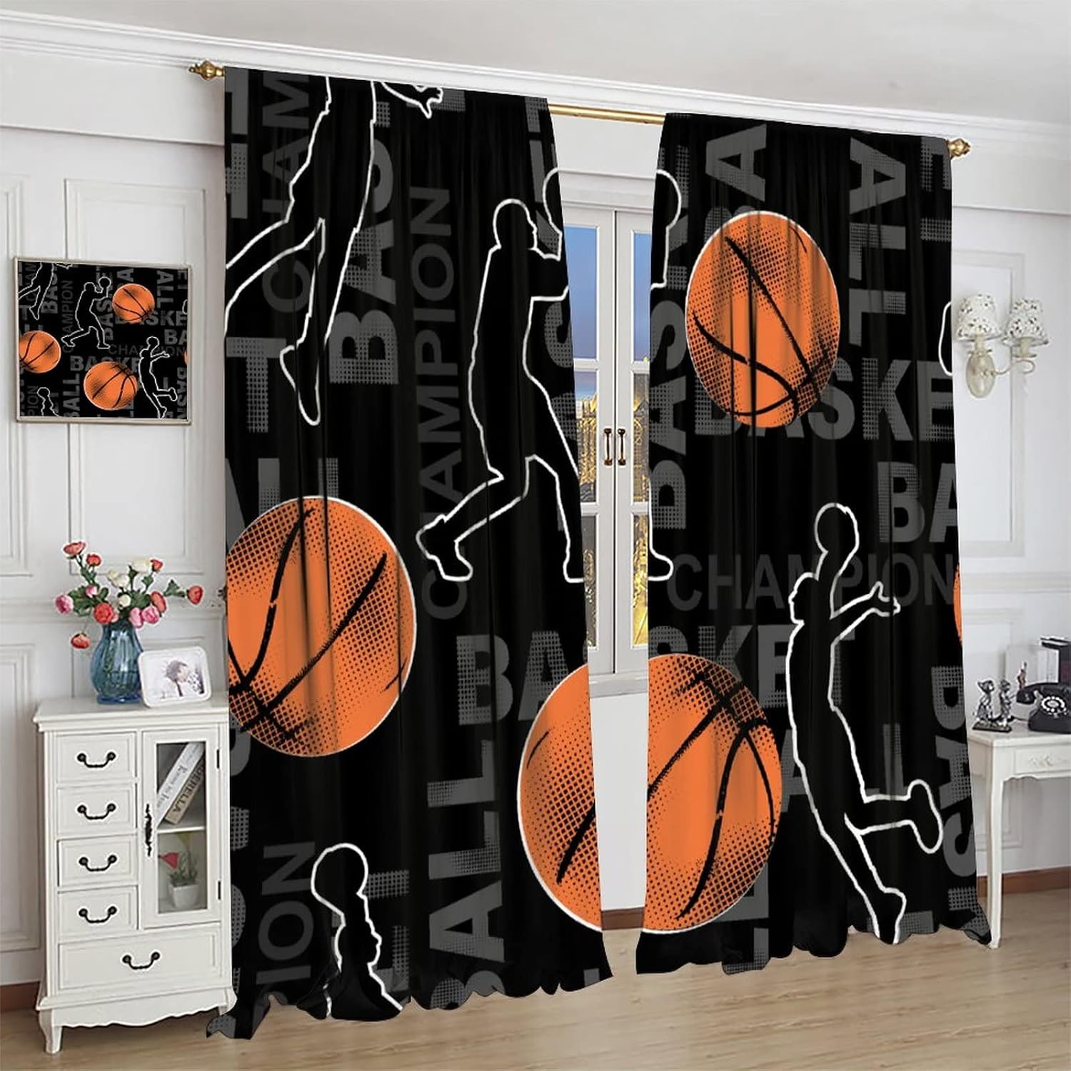 Ball Sports Curtains,Basketball Playing Game Sports Abstract Theme Home Fabric Living Room Kid Teens Boys Bedroom Home Decor W42xL45in