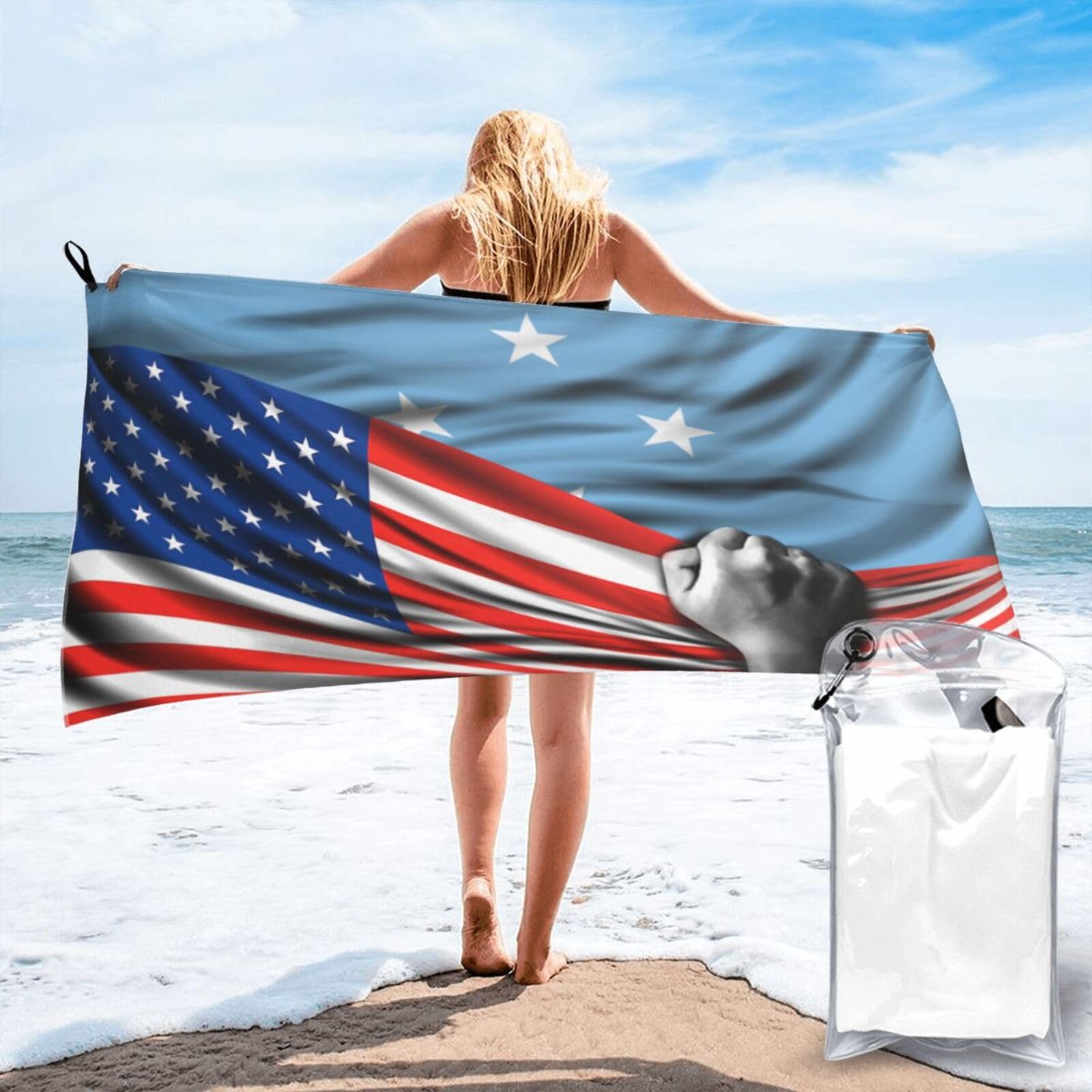 HACXZ Beach Towel America Flag and Micronesia Micronesian Flag Microfiber Beach Towel Lightweight Absorbent 27.5"X55"