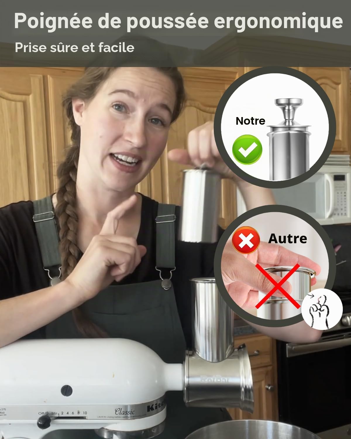 RAFBAR Accessoire pour râpe à fromage KitchenAid - Lame plus large de 75 mm pour KitchenAid - Grande goulotte d'alimentation de 60 mm, 3 lames de tambour, machine à salade, passe au lave-vaisselle