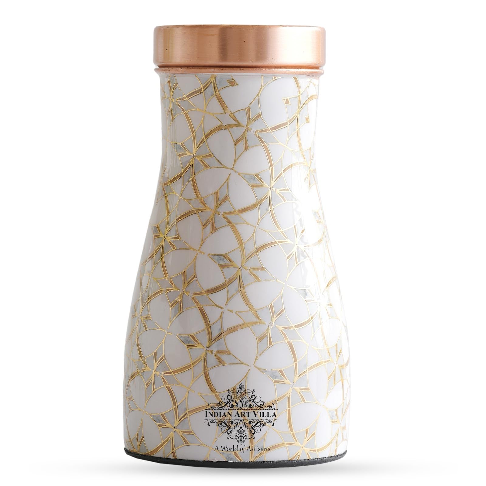 INDIAN ART VILLA Copper Gold Block Print Copper Water Bedroom Bottle, Designer Copper Drinkware, Volume- 850 ML