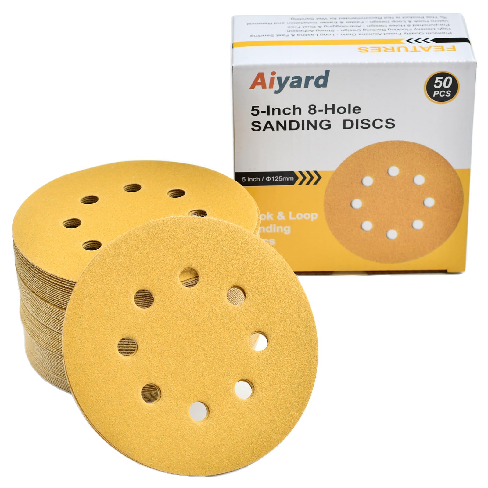 5-Inch 8-Hole Hook and Loop Sanding Discs 180-Grit Random Orbit Sandpaper, 50-Pack