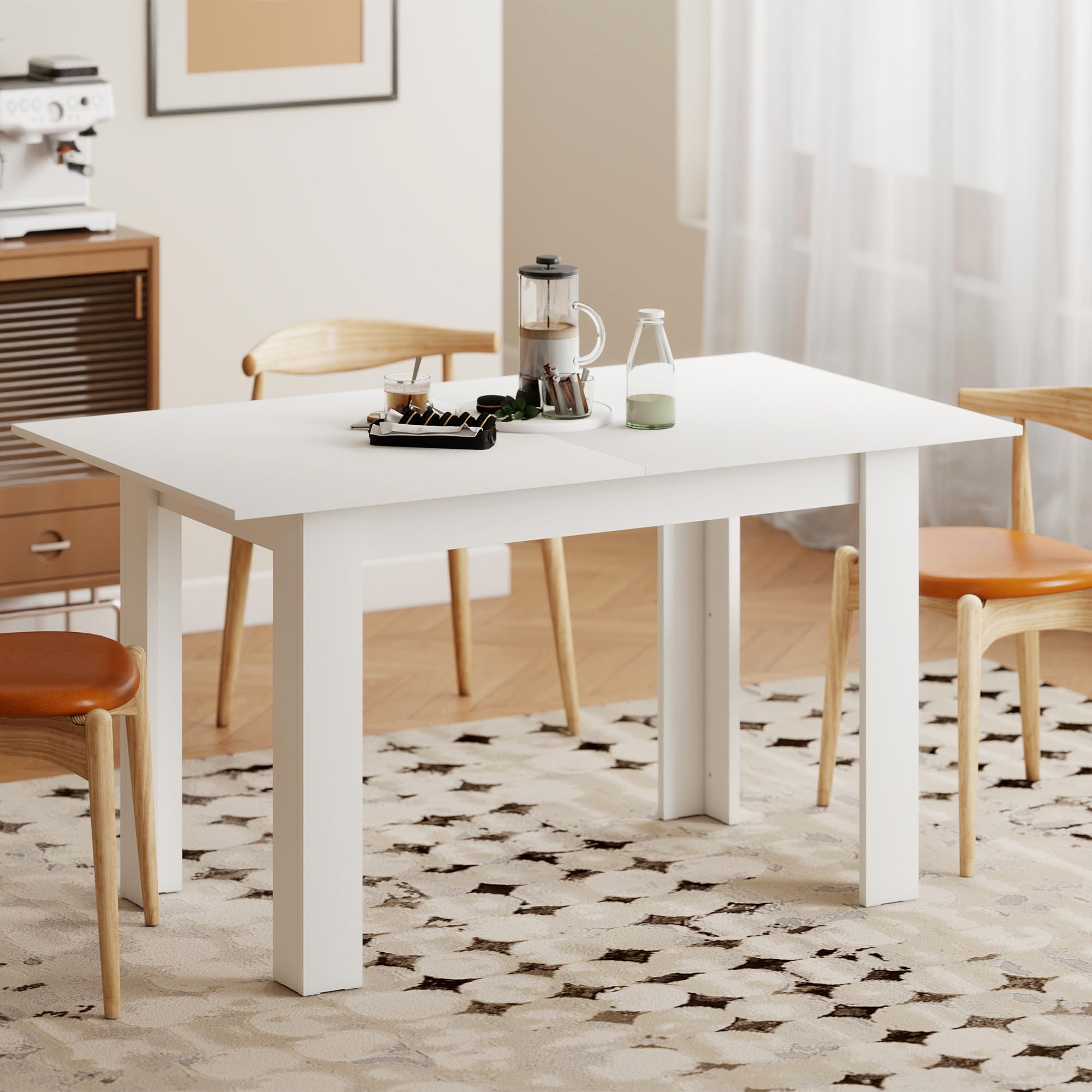 HOMCOM Tavolo da Pranzo Allungabile per 6-8 Persone con Pannelli a Ribalta, Tavolo da Cucina Allungabile in MDF, per Sala da Pranzo, Soggiorno, 140-180x80x75 cm, Bianco