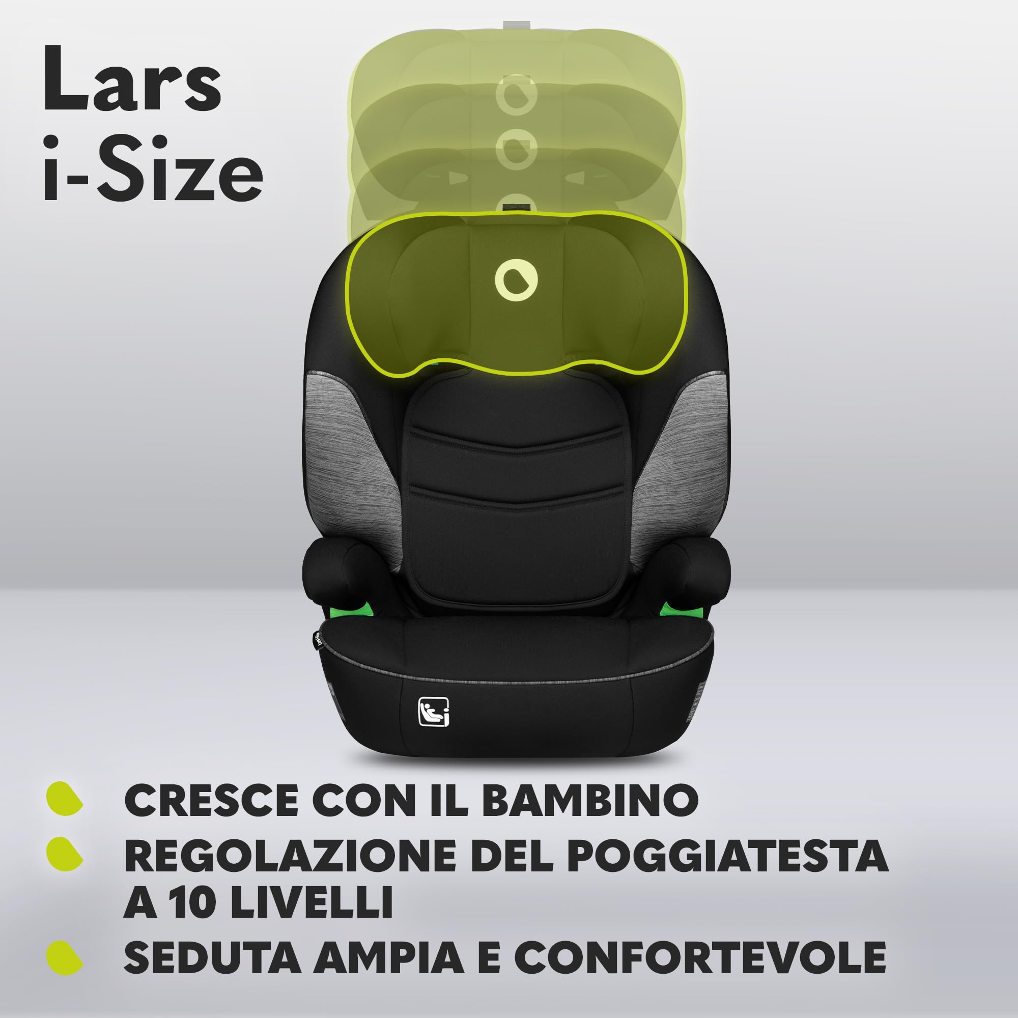 Lionelo Lars i-Size Seggiolino Auto con l'ultima Norma i-Size R129 per bambini (100-150cm/4-12 anni) Protezioni laterali, Poggiatesta regolabile, Leggero e facile installare, Opzione Solo rialzo auto