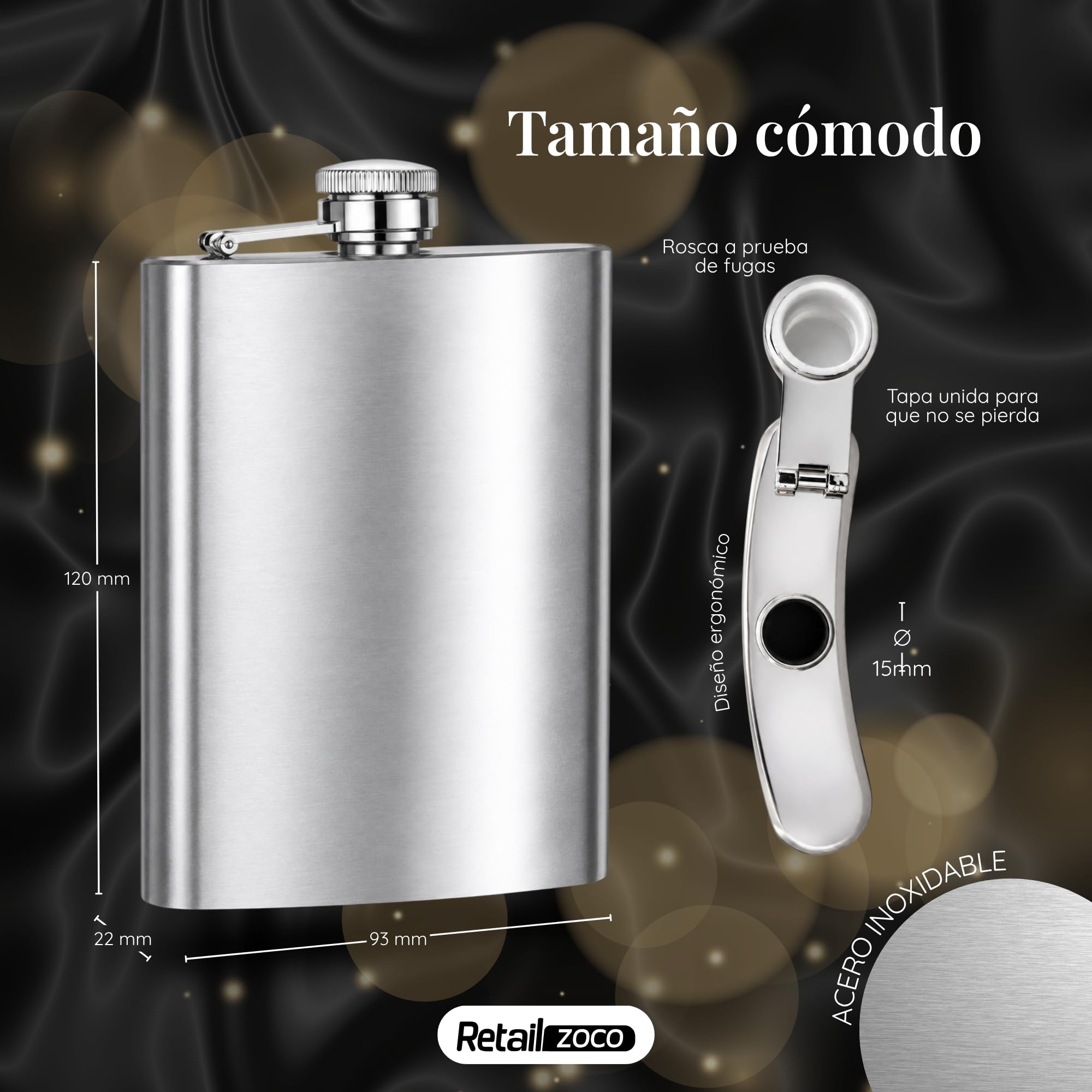 Petaca de acero, Frasco de licor, Petacas de Alcohol, Cantimplora de licor, Licorera portátil, Petaca de viaje, 9.5 cm x 13.5 cm, Capacidad 240 ml, Acero inoxidable - imagen 4