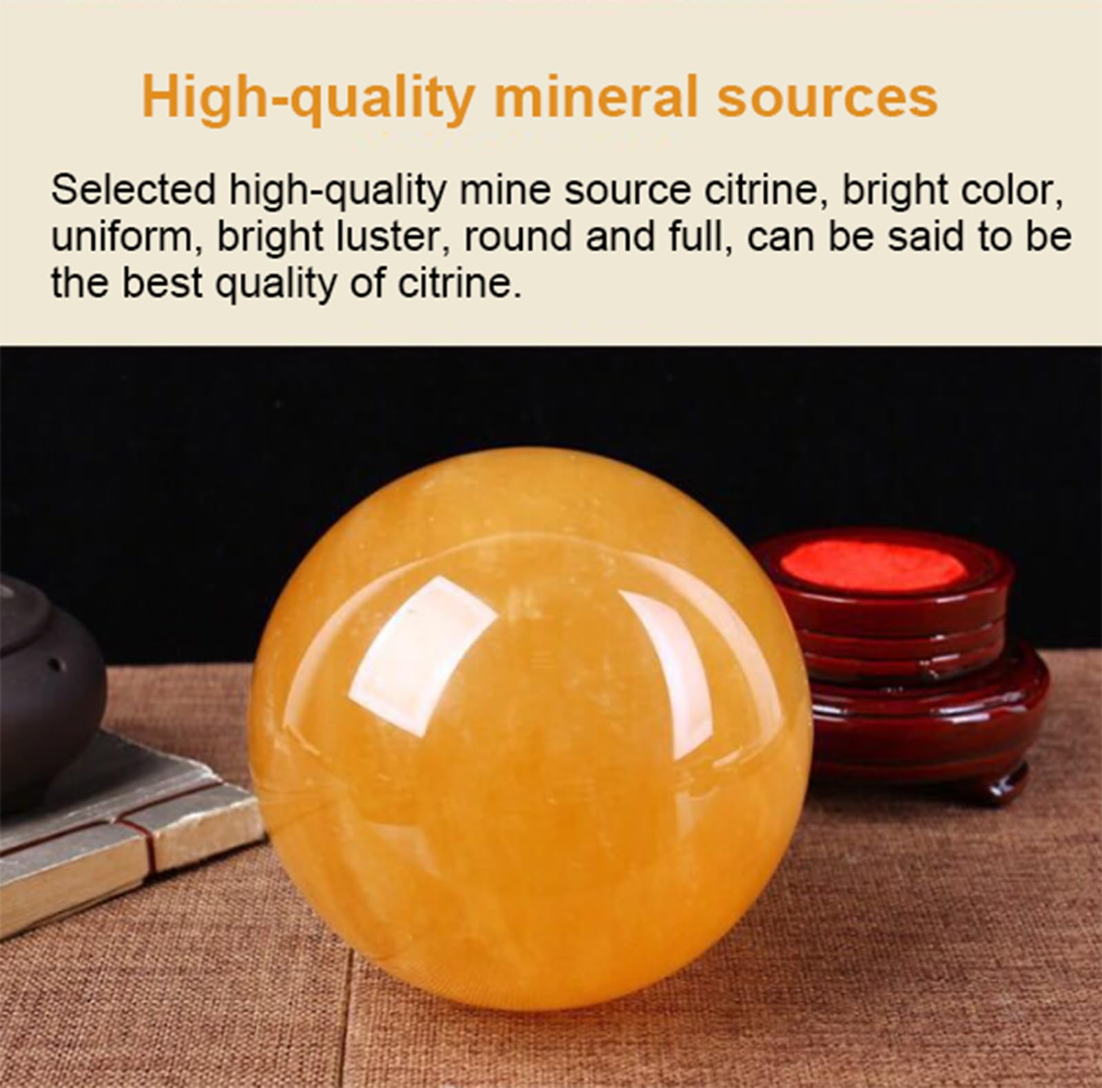 Bola de Esfera de Cristal de Citrino Natural Feng Shui con Soporte de Madera, Bola de Cristal Grande de Cuarzo Curativo para Meditación de Equilibrio Reiki Decoración del Hogar,12cm/4.7in