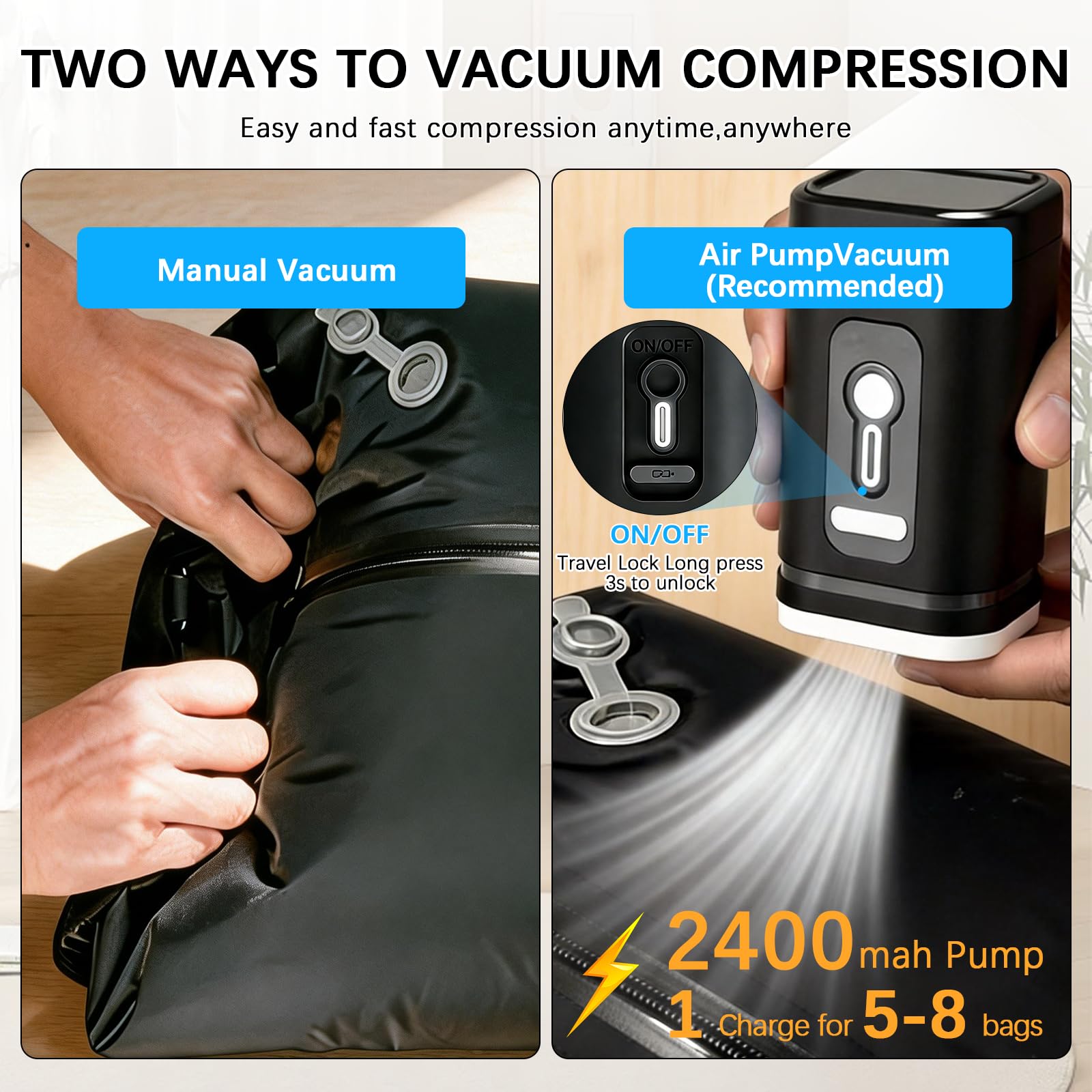 Vakuumbeutel TPU, Kompressionsbeutel mit Ventil für Pumpe oder manuelles, aus 70D Nylon, wasserdicht für Kleidung im Koffer, Rucksack, Handgepäck (3 Pack mit 2400mah Akku Pump)