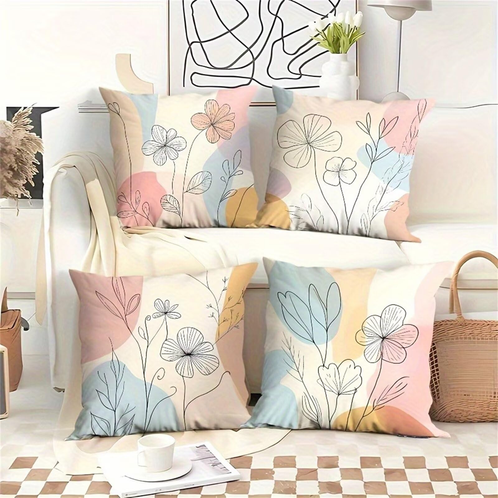QiHon Simple Flowers Cushion Covers 60x60 cm Set of 4, Decorative Throw Pillow Cases, 24x24 inch Square Linen Pillowcases for Sofa Living Room Bedroo