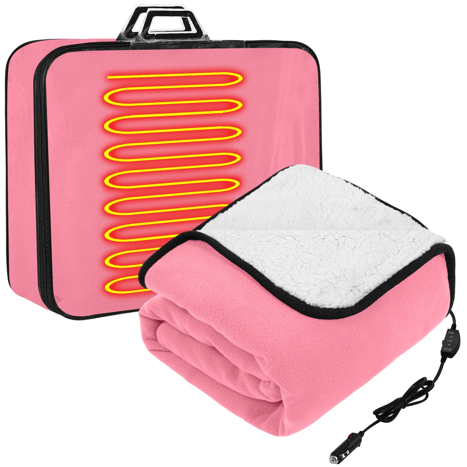 Riakrum 12v Heated Car Blanket 58" x 43", Pink, Solid