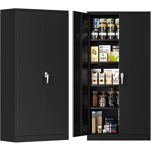 Superday Metal Garage Storage Cabinet with Lock, 72"×36"×18" Storage Cabinets with 2 Doors and 4 Shelves, Black Locking Tool Cabinets for Home Office, Garage, File, Gym, School