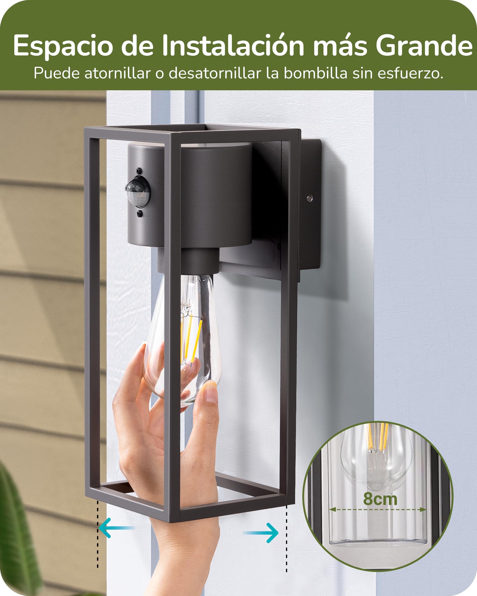 EDISHINE Aplique Pared Exterior E27, Sensor de Movimiento, IP44, Antracita | Carcasa de Aluminio con Sensor Crepuscular, Sin Bombilla, Impermeable para Jardín, Fachada y Puerta de Entrada