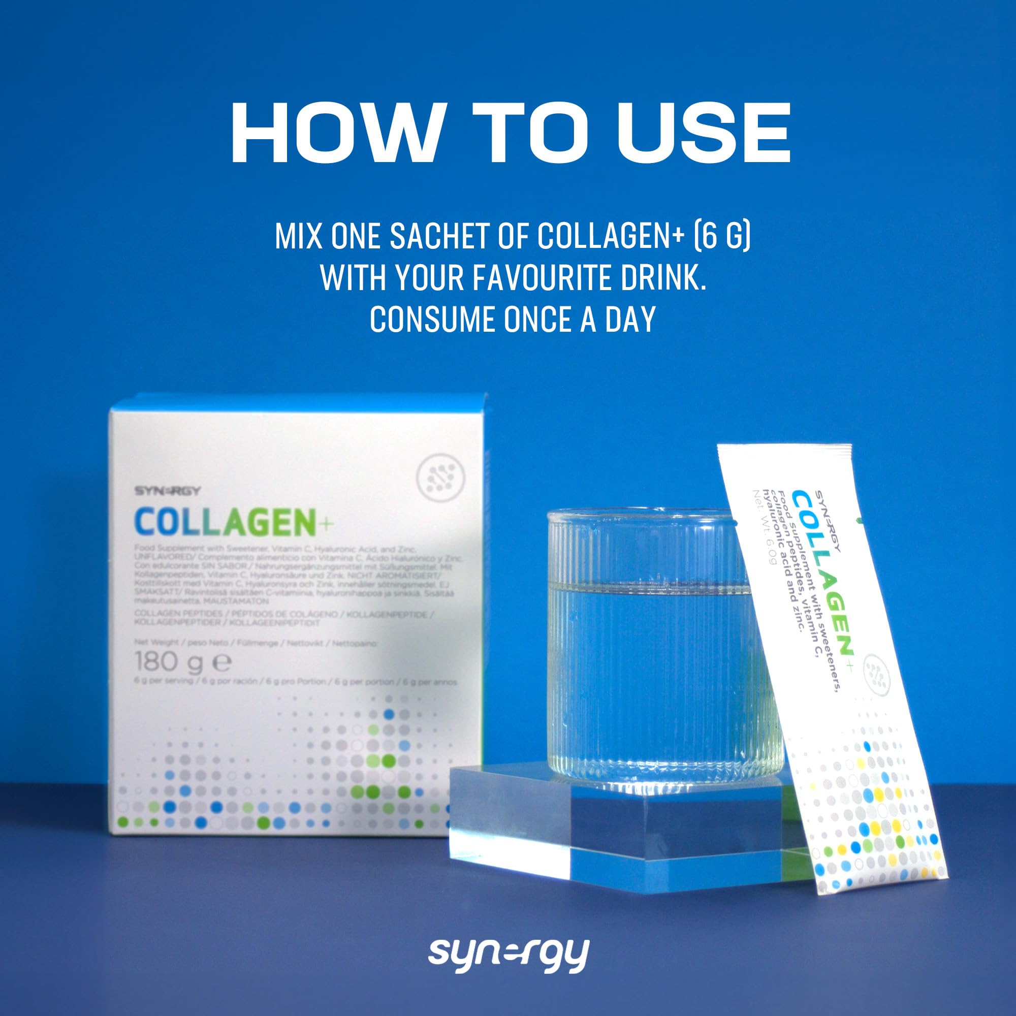 Synergy Worldwide Collagen+ 30 porcji | 5810 mg kolagenu z witaminą C, kwasem hialuronowym i cynkiem | Wspomaga produkcję kolagenu i wzmacnia skórę, włosy, paznokcie i stawy | Bez smaku | 180gr