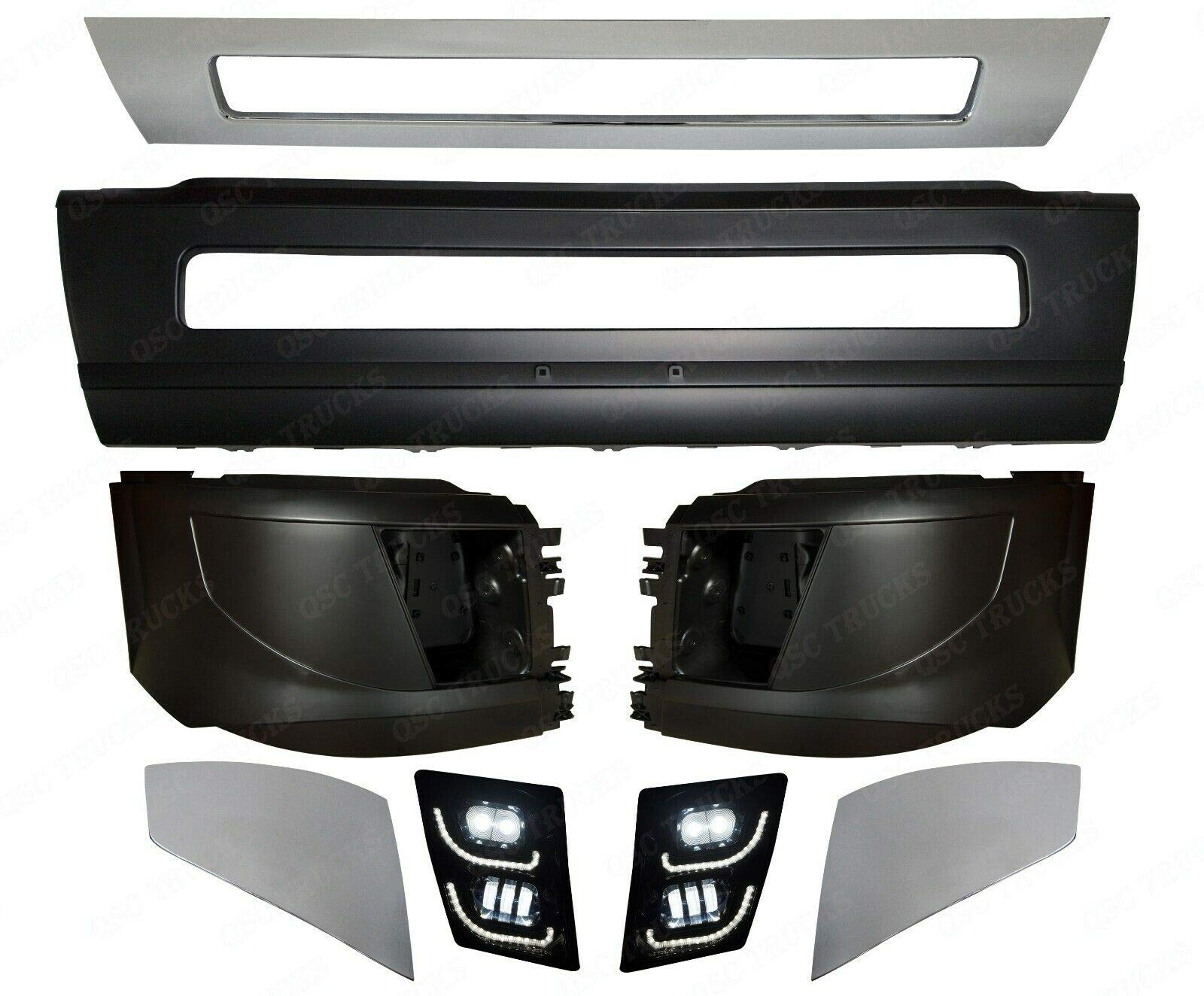 QSC Truck Parts Bumper Set w/Chrome LH RH & Full LED Fog lights compatible with Volvo Truck VNL 2016 & Up