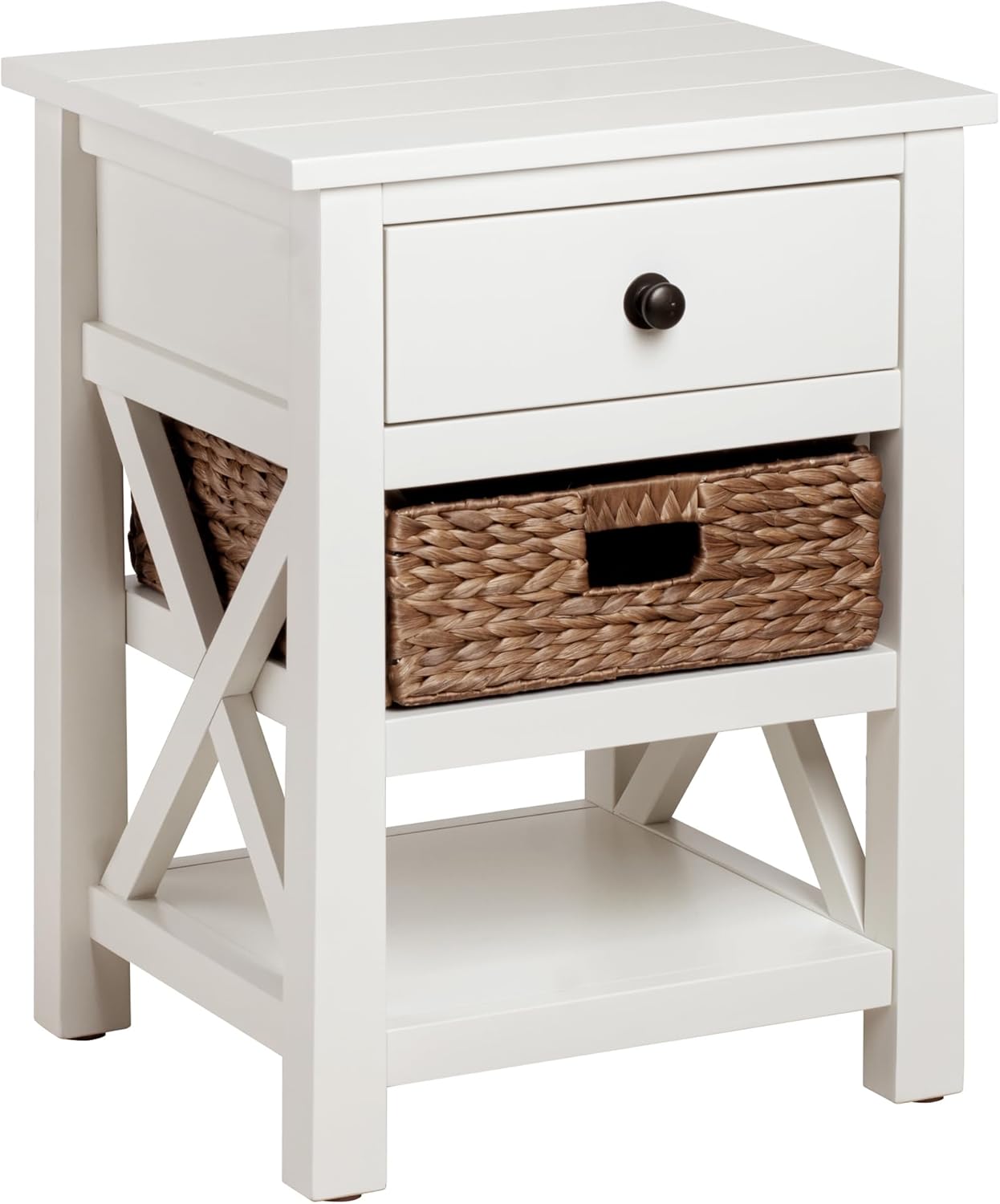 eHemco XSide End Table Side Table with Drawer, 2 Storage Shelves and Wicker Basket