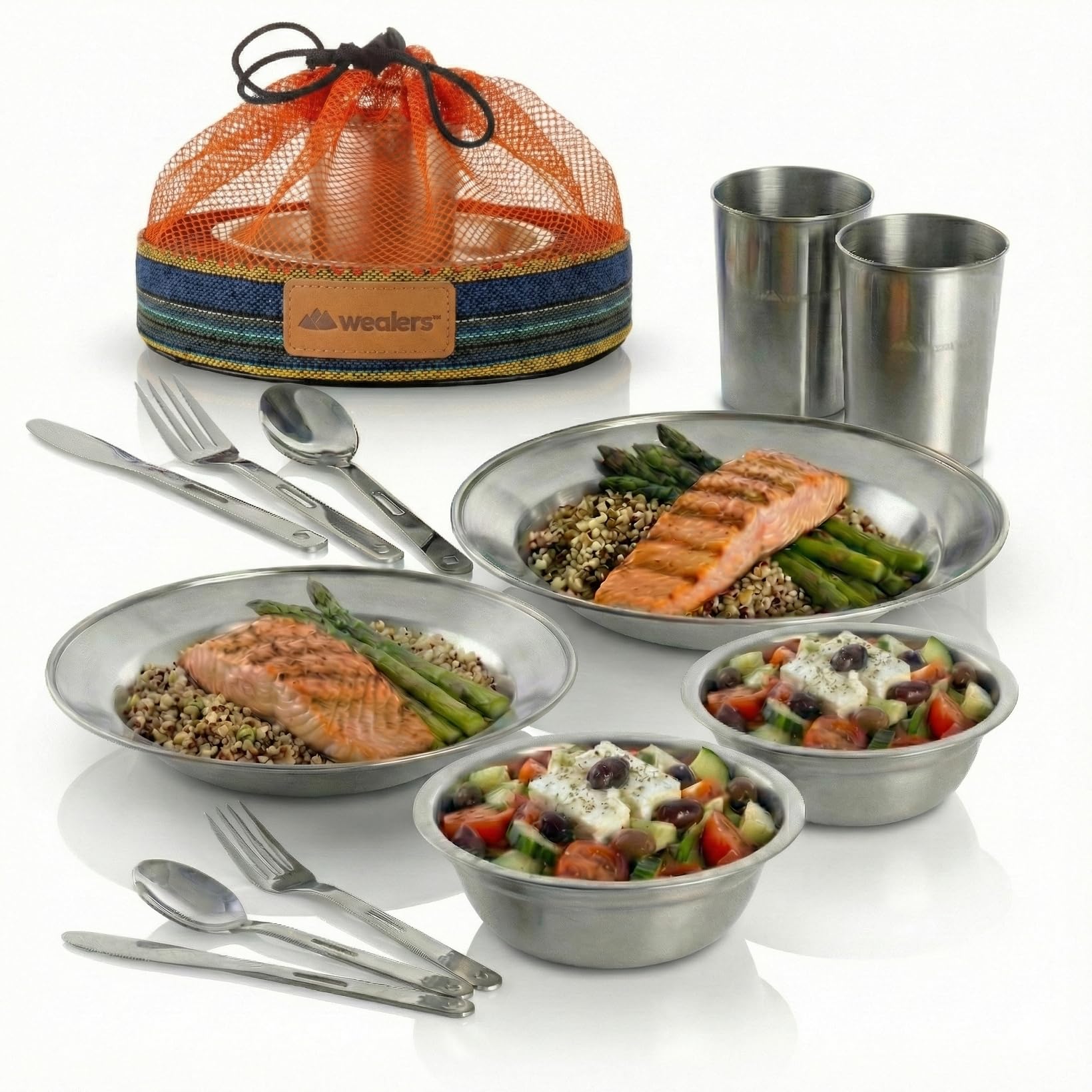Unique Complete Messware Kit Polished Stainless Steel Dishes Set| Tableware| Dinnerware| Camping| Includes - Cups | Plates| Bowls| Cutlery| Comes in Mesh Bags