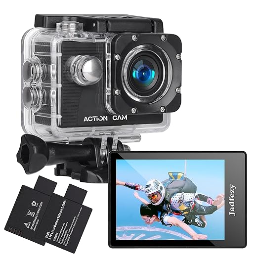 Jadfezy Cámara Deportiva HD 1080P, Cámara subacuática 30M con 140 Grados Gran Angular, Cámara de acción 2 baterías Recargables de 900mAh y Kit de Accesorios
