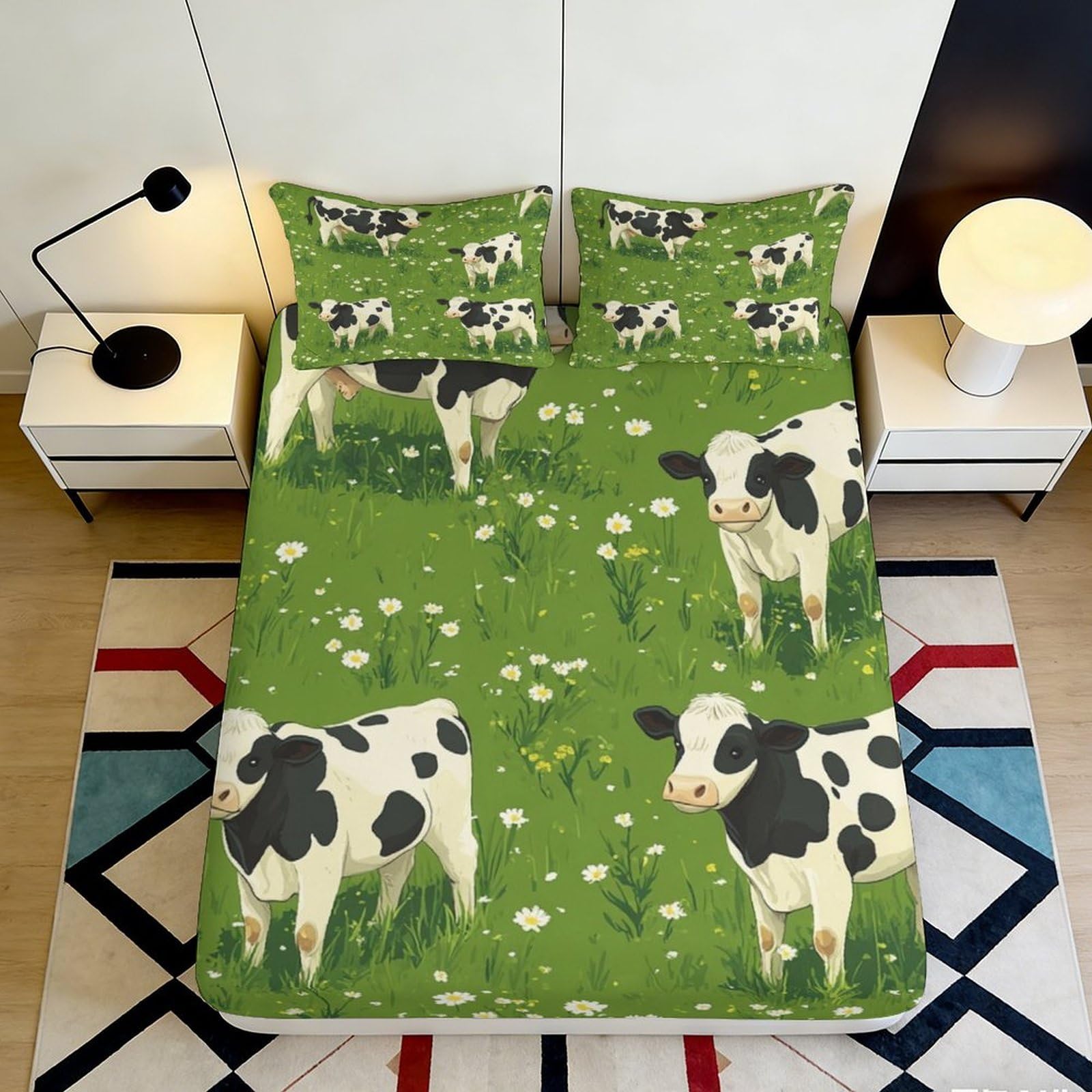 3D Printed Cow Pattern Fitted Sheet Microfiber Soft Breathable Green Meadow Bed Cover for Bedroom Dormitory Guest Room Mattress Protection 140x200x25cm