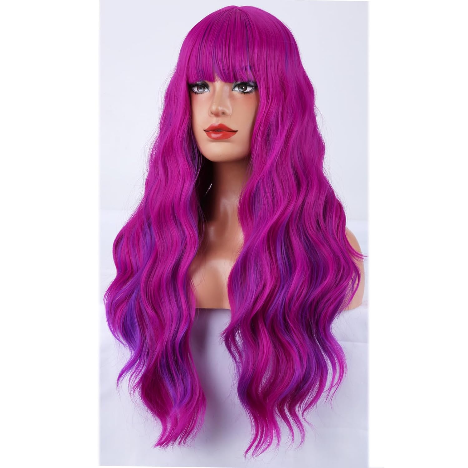 MAGQOO Hot Pink Purple Wig for Women Long Curly Wavy Rose Mix Purple Wig with Bangs Synthetic Heat Resistant Cosplay Costume Party Wig Wig Cap Included (Purple Pink) - Image 3