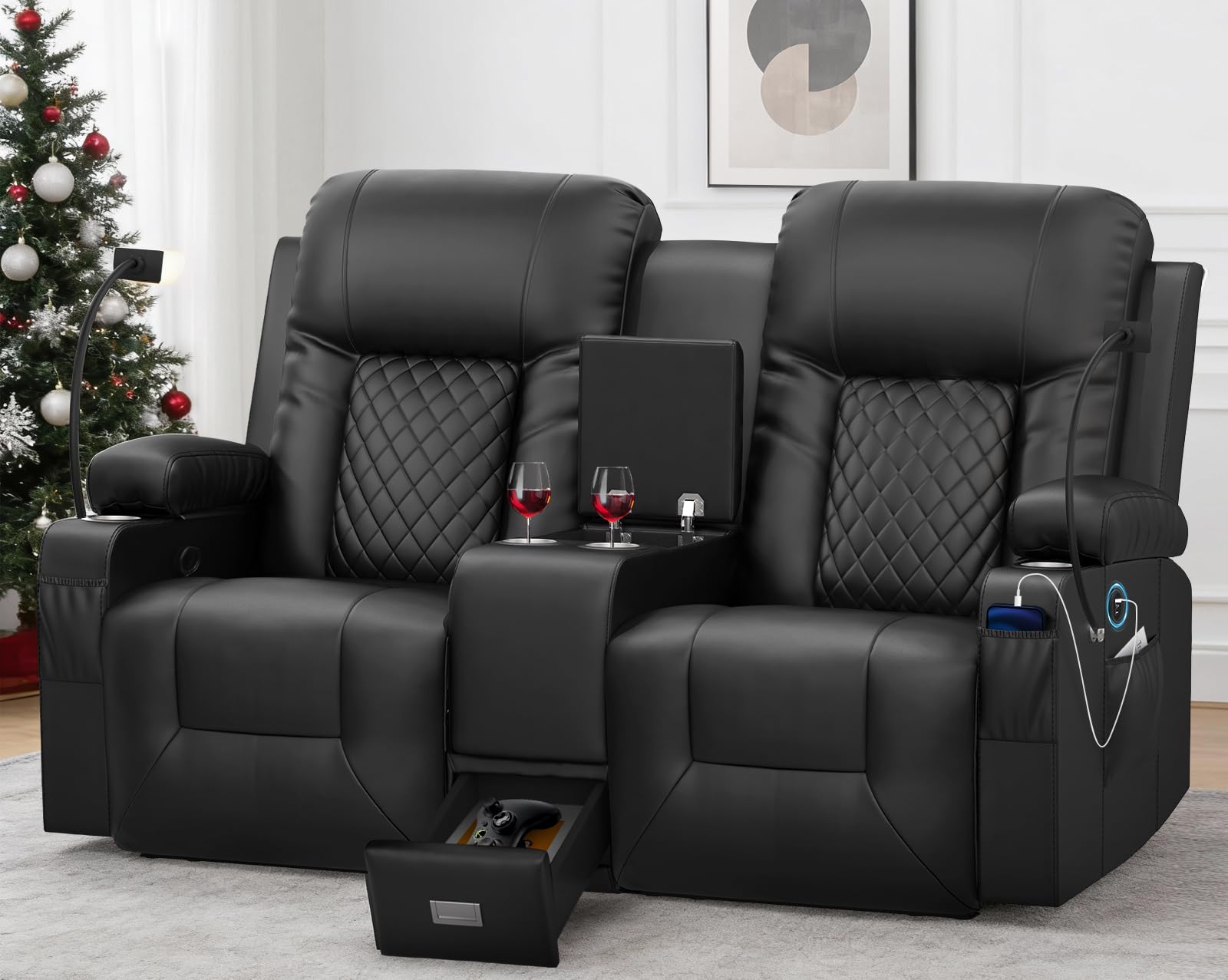 YONISEE Large Loveseat Recliner, Loveseat Recliner Sofa with Storage Console, Recliner Chair with USB Ports, 2 Cell Phone Holders, Cup Holder, Loveseat Couch for Living Room