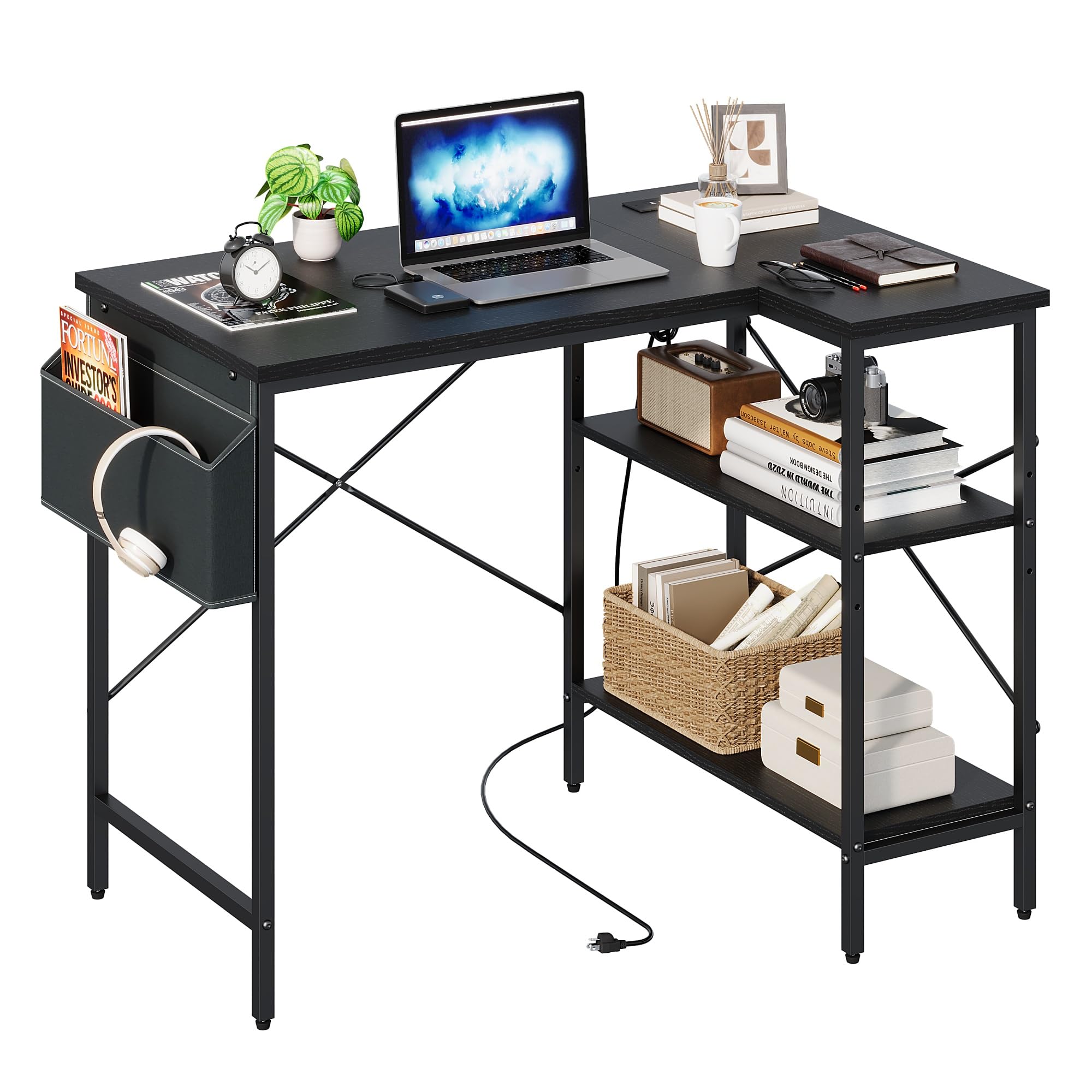 Panana L Shaped Gaming Desk with Power Outlets, Reversible Corner Computer Desk with Storage Bag & Shelves, Home Office Study Workstation Writing Table for Small Spaces (Black, 100x70cm)