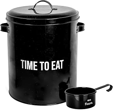 Fisura Black time to eat Pet food container. Pet feed container with lid and measuring scoop. Metal food container for dogs and cats. 5 kg capacity