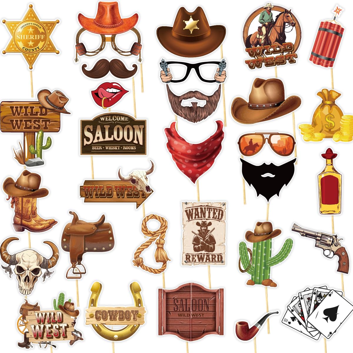 Set di 30 accessori per foto da cowboy occidentale, decorazioni per feste a tema rodeo, oggetti di scena per selfie a tema Wild West, accessori per feste di compleanno country cowboy