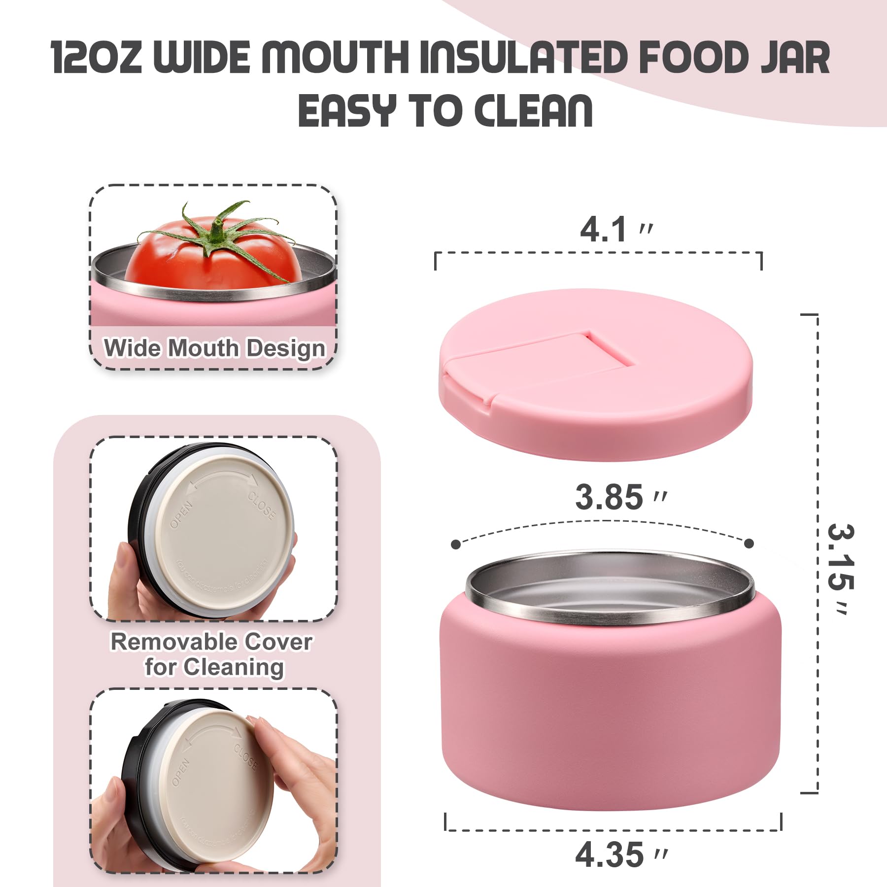 Itslife Thermo per Alimenti 400ml con Coperchio a Fibbia, Contenitore Termico Bambini di Acciaio Inossidabile, Portavivande Termico per Picnic, Scuola e Ufficio, Rosa