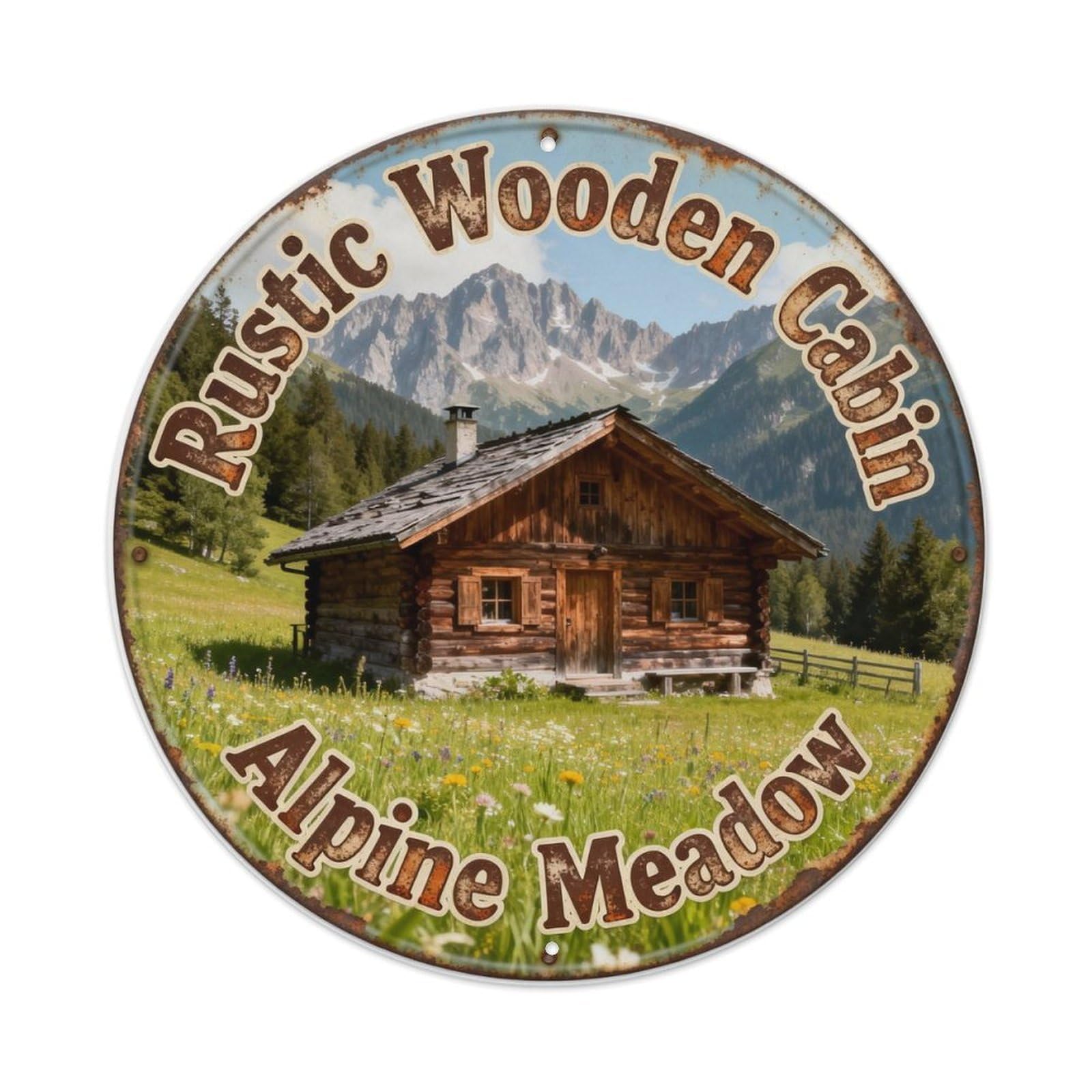Rustic Wooden Cabin Alpine Meadow Metal Tin Sign Plaque