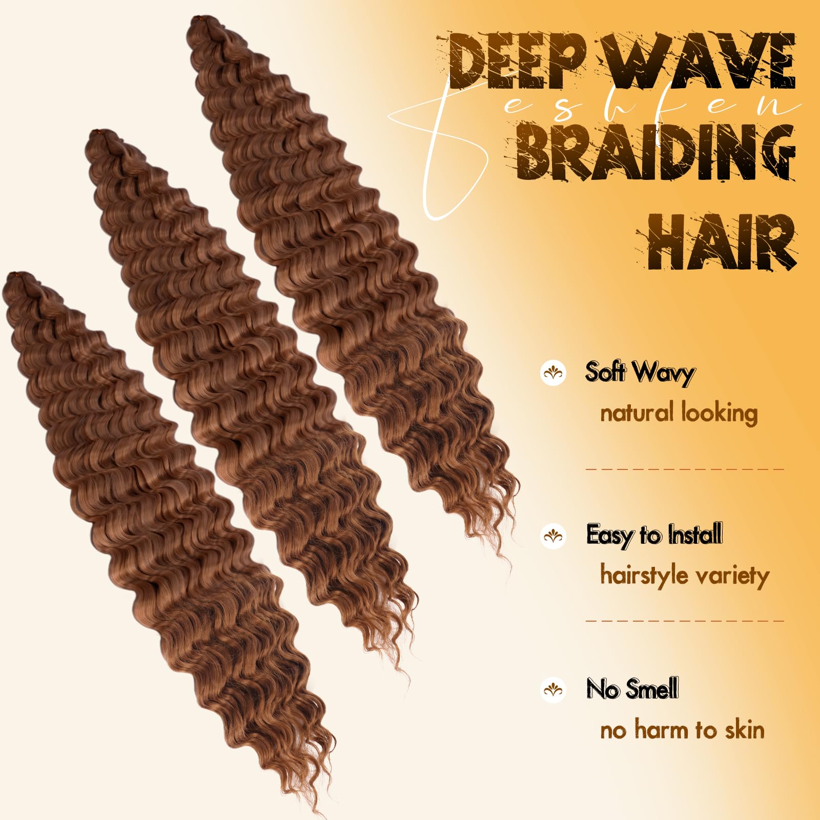 FESHFEN Crochet Braids Extensions de Cheveux - 3 Packs Deep Twist Ocean Wave Braiding Extension Synthétique Meches pour Tresses Africaine Bouclés pour Femmes, 55 cm Auburn