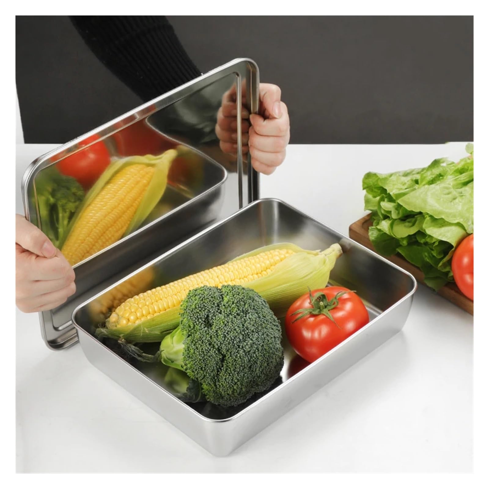 Boîte à Déjeuner En Acier Inoxydable Plateau de service rectangulaire en acier inoxydable épais avec couvercle, assiettes conservation des aliments, récipient cuisine(33x28.5x6.2 with Lid)