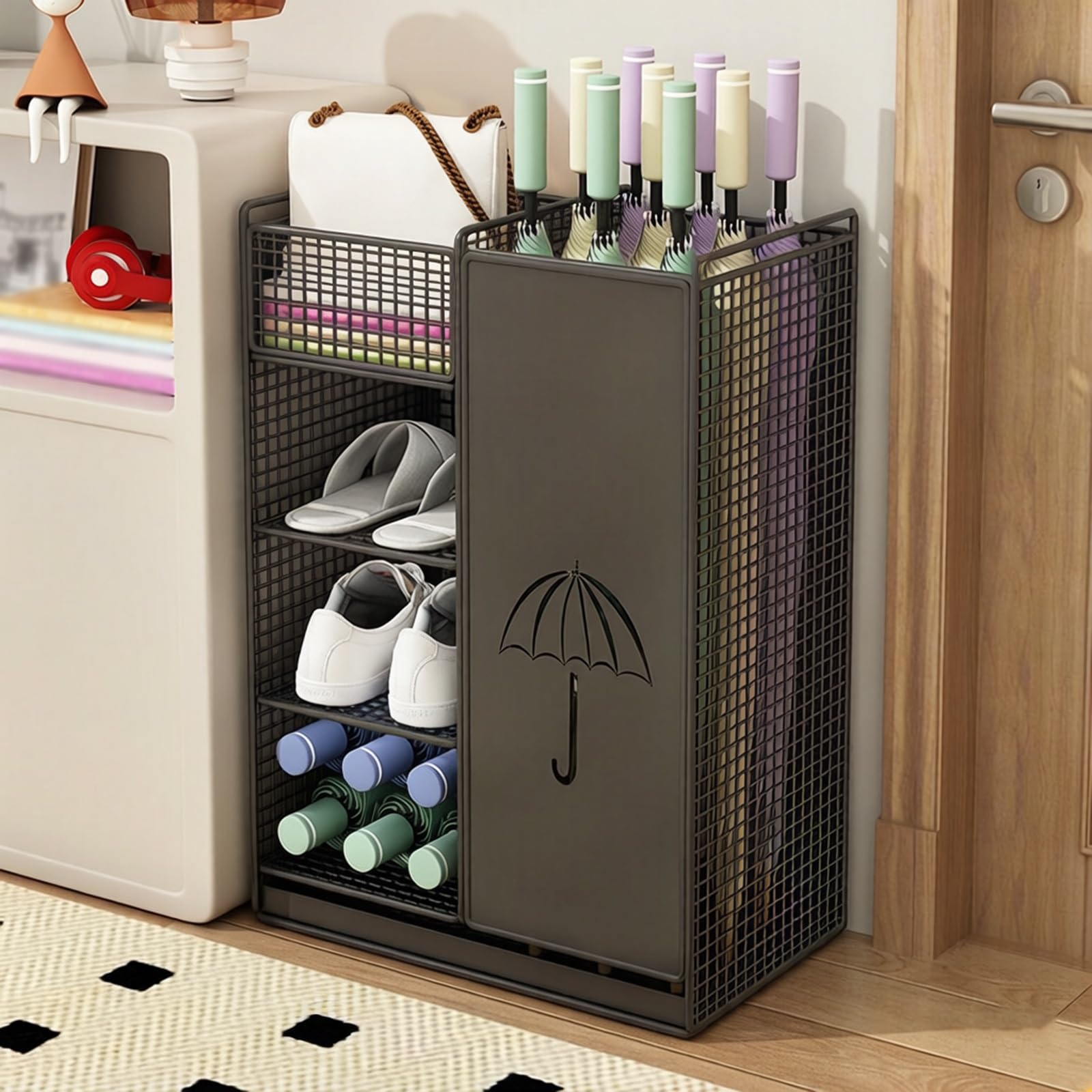 Porte-parapluie double couche avec poignée et bac d'égouttement