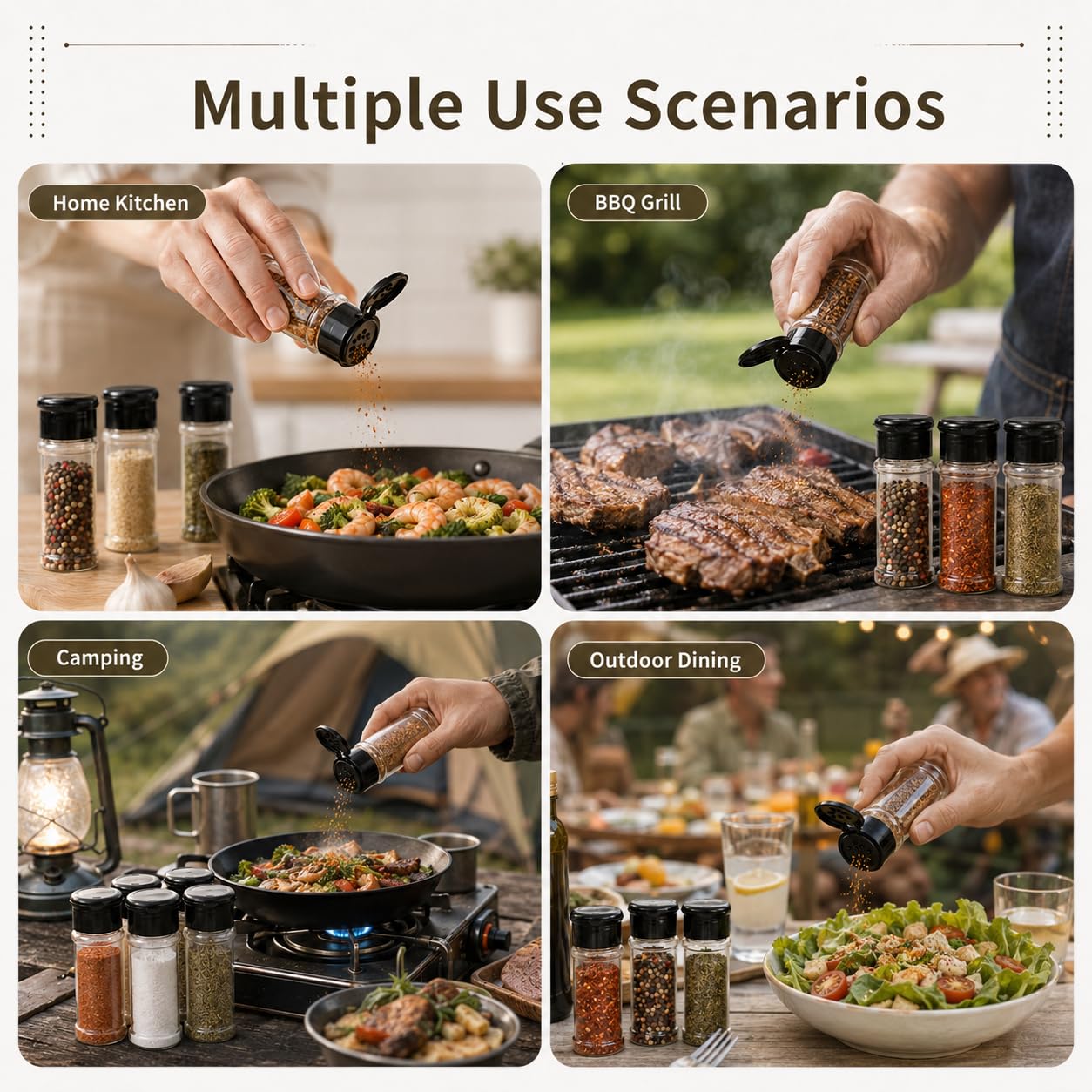 Lot de 100 pots à épices en plastique transparent avec couvercles noirs - Récipients rechargeables pour cuisine, garde-manger, herbes, épices, poudre