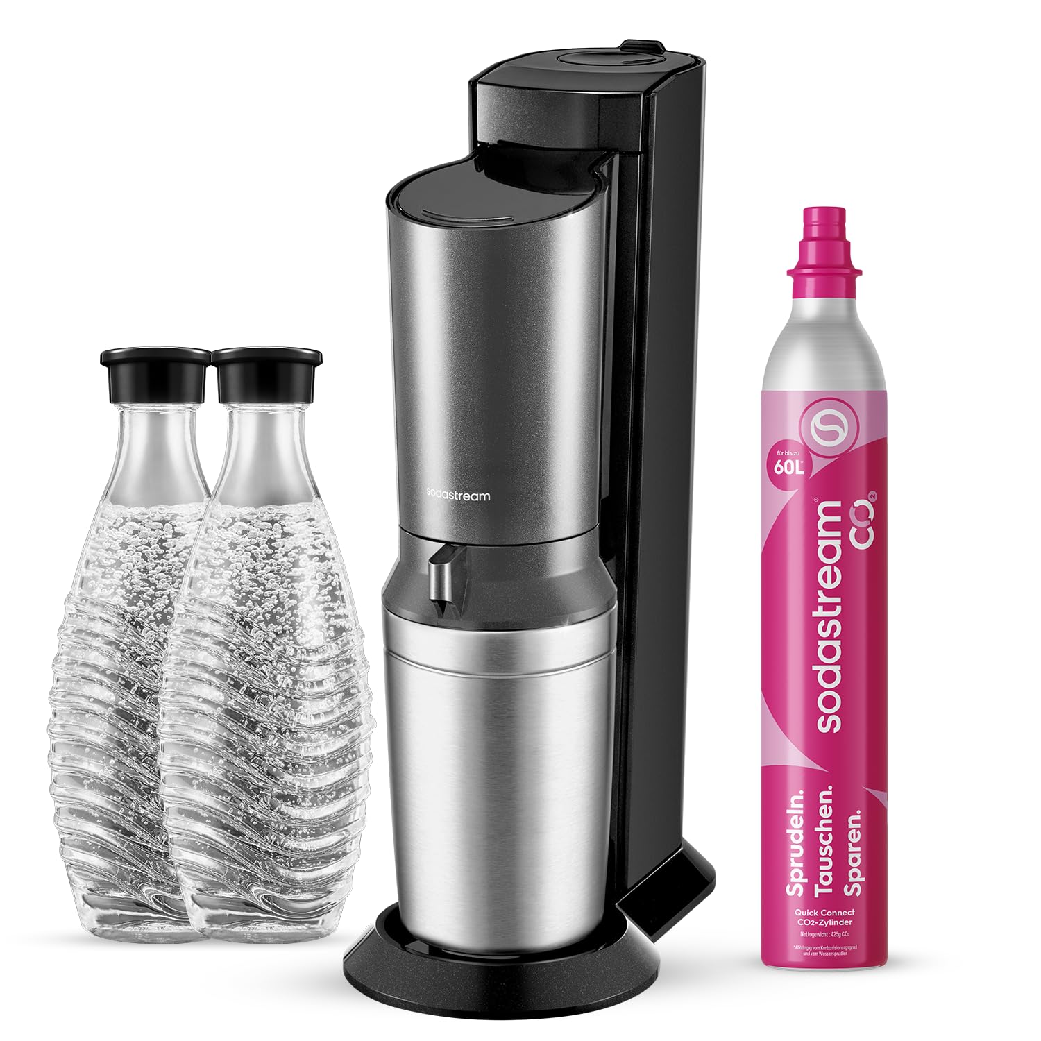 SodaStream – Crystal Wassersprudler, Quick Connect CO2-System, inklusive 60-Liter CO2-Zylinder, 2x 0,7L Liter Glasflasche, spülmaschinenfest, umweltfreundlich & weniger Einweg-Plastikmüll, titan