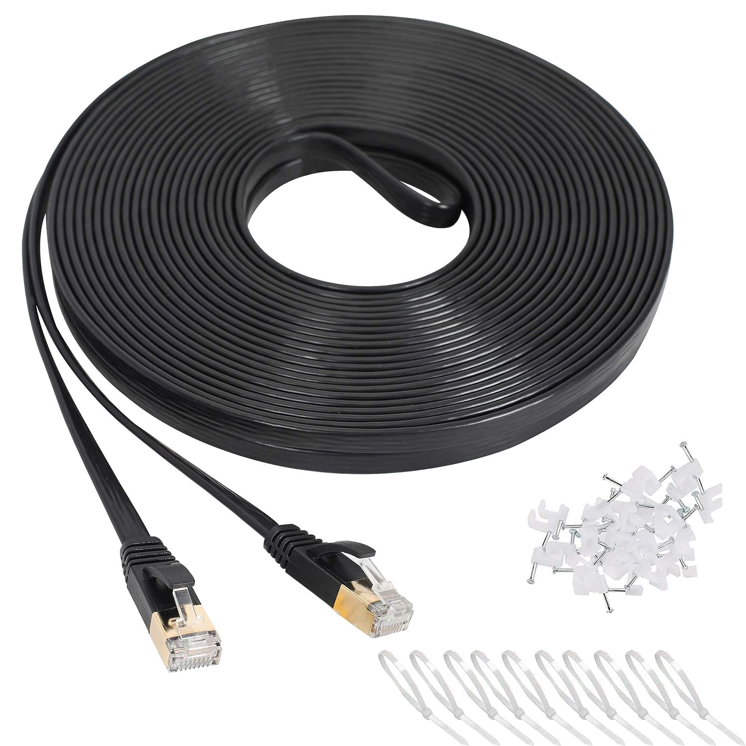 Ethernet Cable Cat7 / Category 7, High Speed 10 Gigabit 600Mhz, LAN Network Cables, Black Flat Cable With Gold Plated Plug (10M), USB