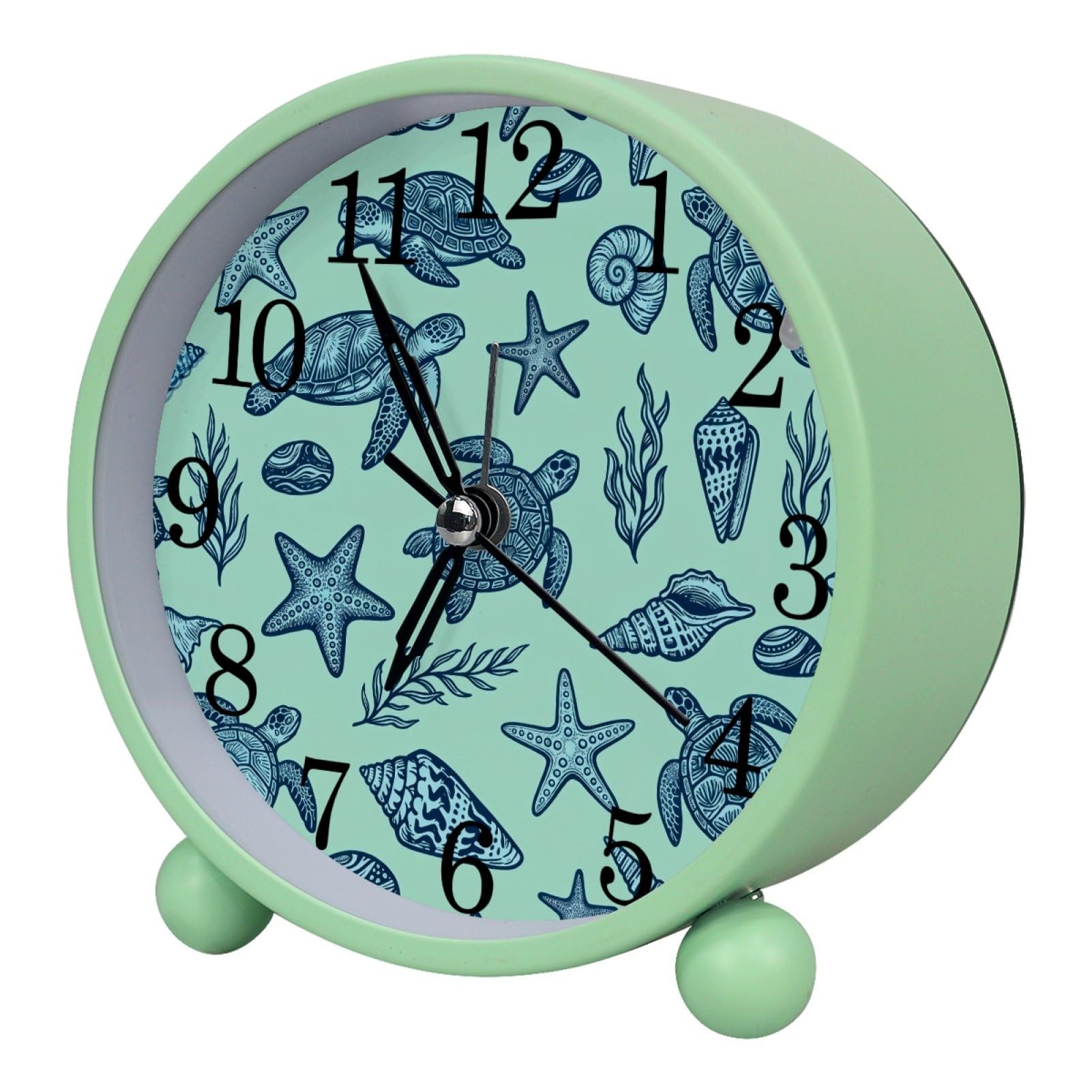 etoenbrc Turtles and Starfish Round Battery Operated Bedside Alarm Clock Non-Ticking Desktop Silent Analog Alarm Clock with Light