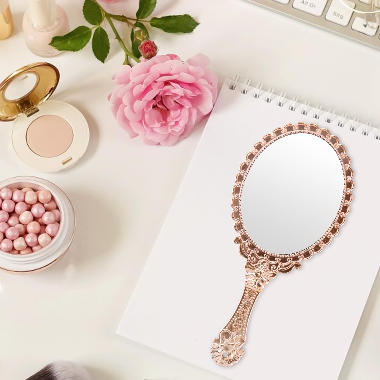 Specchio tascabile vintage, specchio da viaggio, specchio da viaggio, specchio vintage per il trucco per ragazze e donne bellezza trucco (oro rosa)