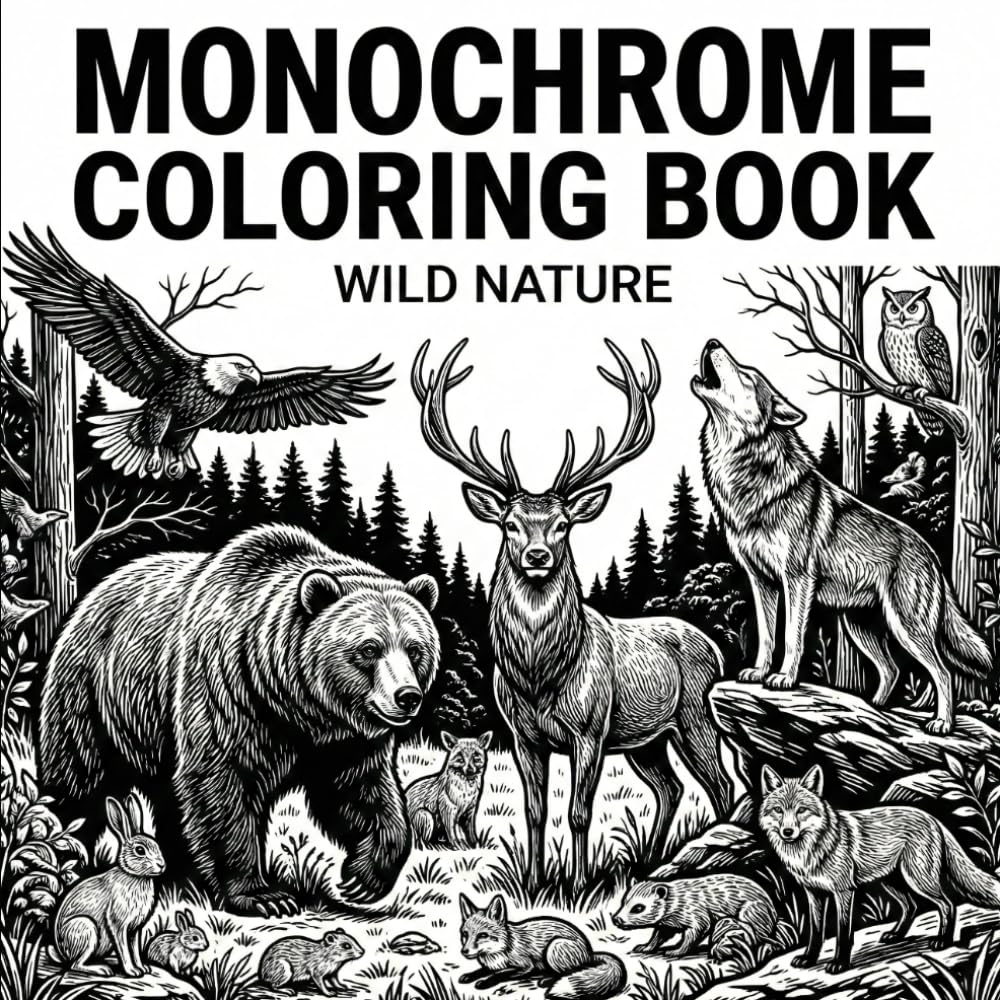 Monochrome Coloring Book: Wild Nature: One Color Animal Illustrations Inspired for Relaxation and Stress Relief