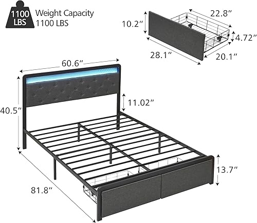 Miniatura 2 de Base de cama Queen con 2 cajones de almacenamiento, cabecera capitonada con botones y luces LED, cama de plataforma tapizada con almacenamiento,