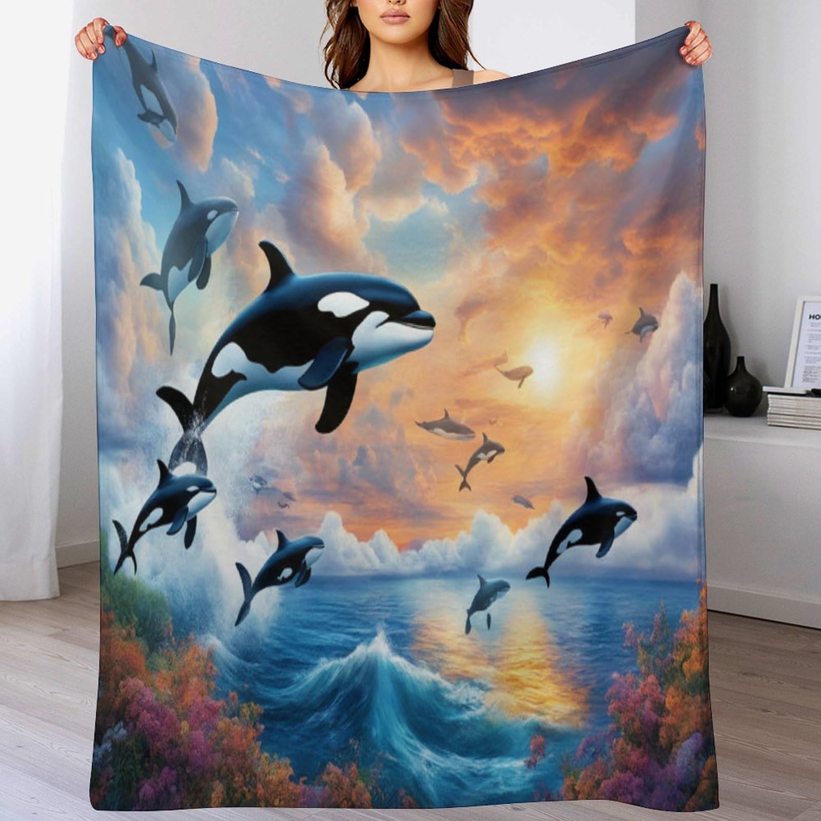 Couverture luxe motif dauphin 3D premium en flanelle légère pour grand couvre-lit