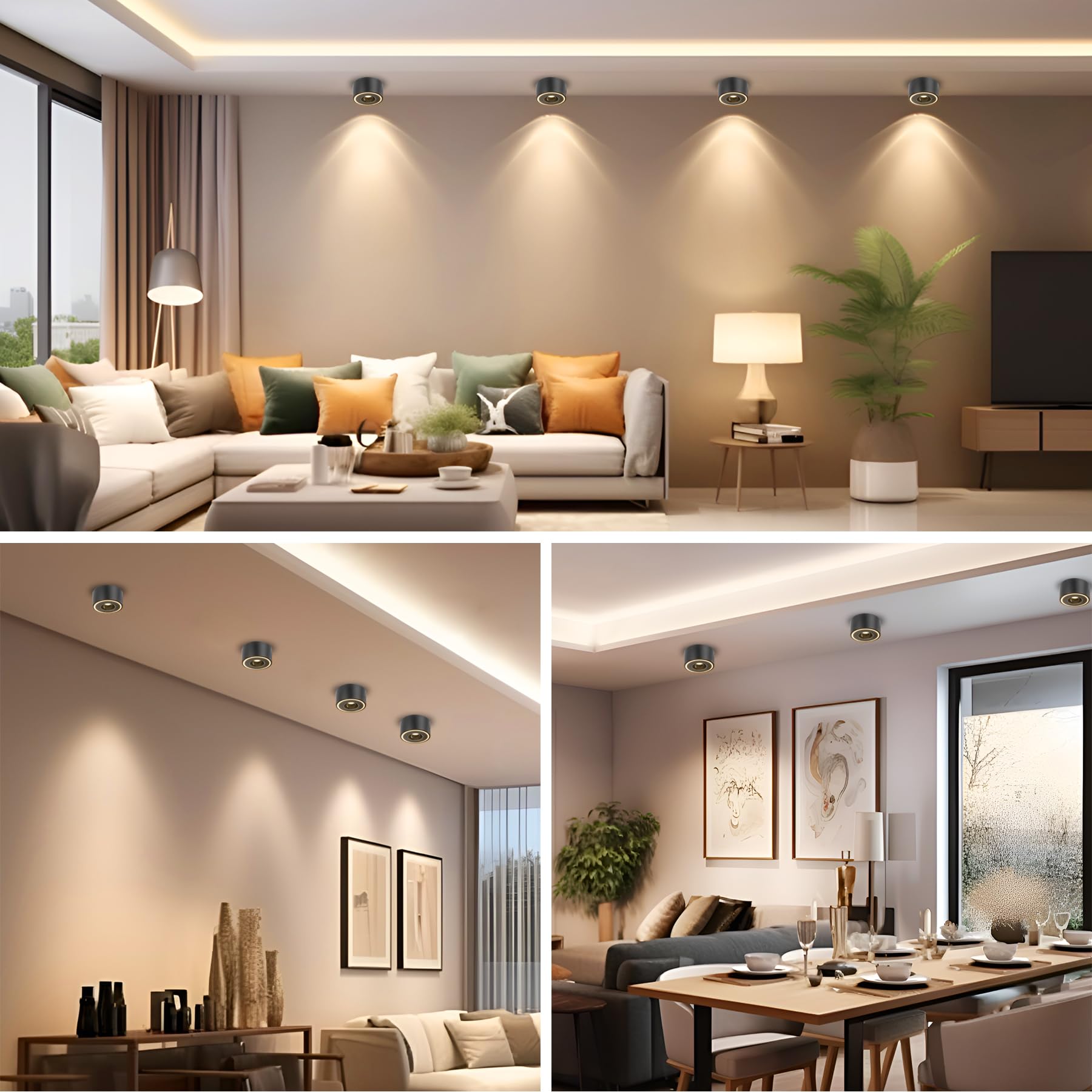 4 Pcs Focos LED Interior Techo Superficie Negro - Ø97x55mm - Aplique Techo Foco interior 8W 1680lm - 3000K Blanco Cálido - Plafones Focos redondo 230V, Focos Superficie de Aluminio