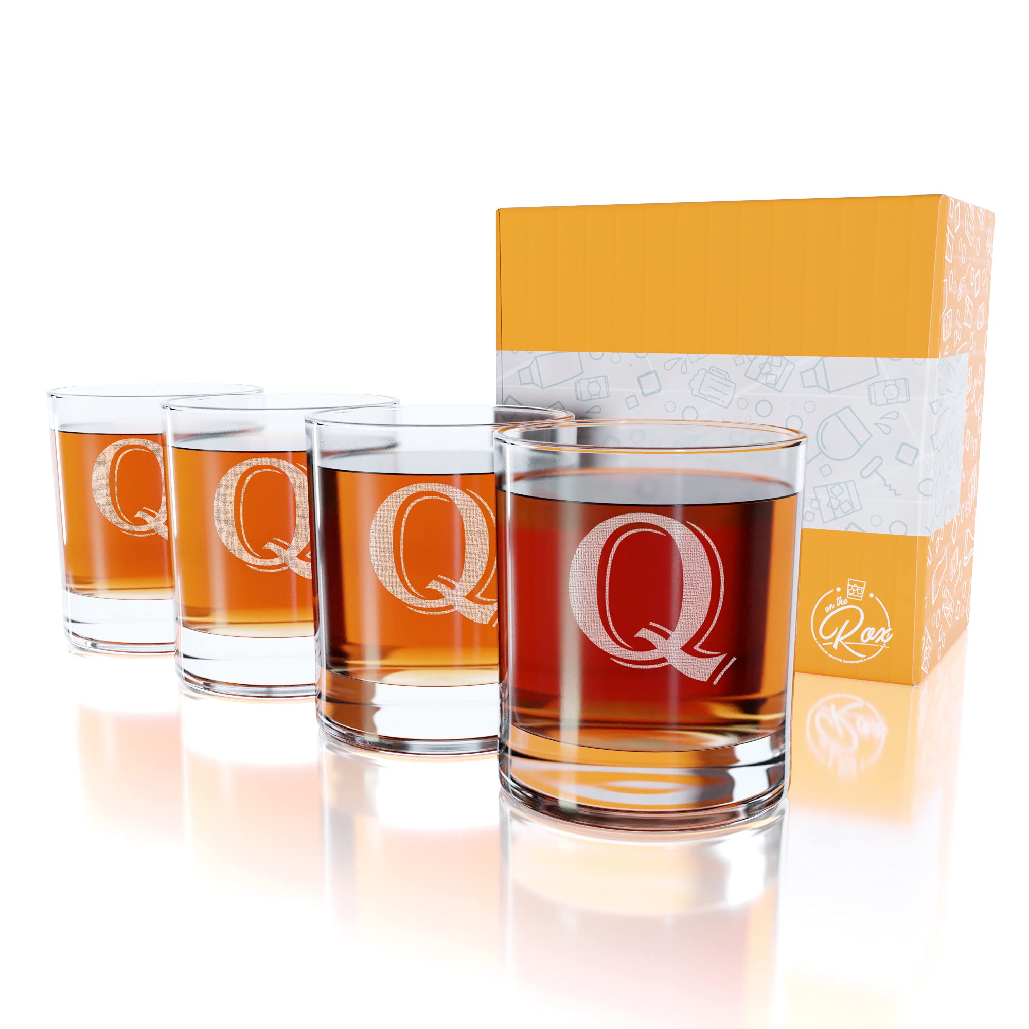 (Q-Monogram)- 4 Piece Set of 11 Ounce Engraved Heavy Base Rocks Glasses- Quality Elegant Glass-Multi-Purpose Beverage-Rocks Glass- For any Occasion- By: On The Rox