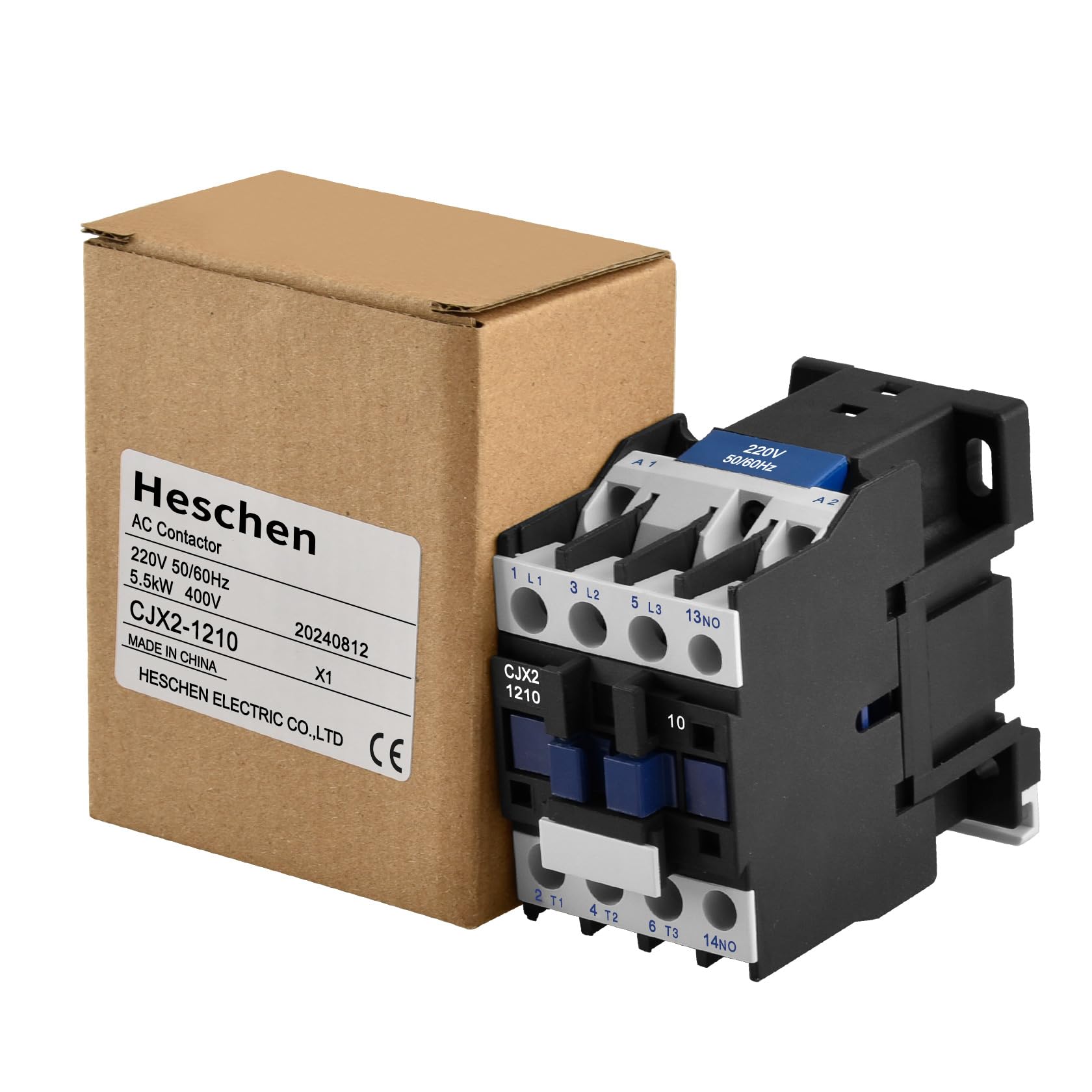 Heschen Contacteur AC, CJX2-1210, Bobine 220V 50/60Hz, 3P, 3 pôles, normalement ouvert, Ie 12A, Ue 380V