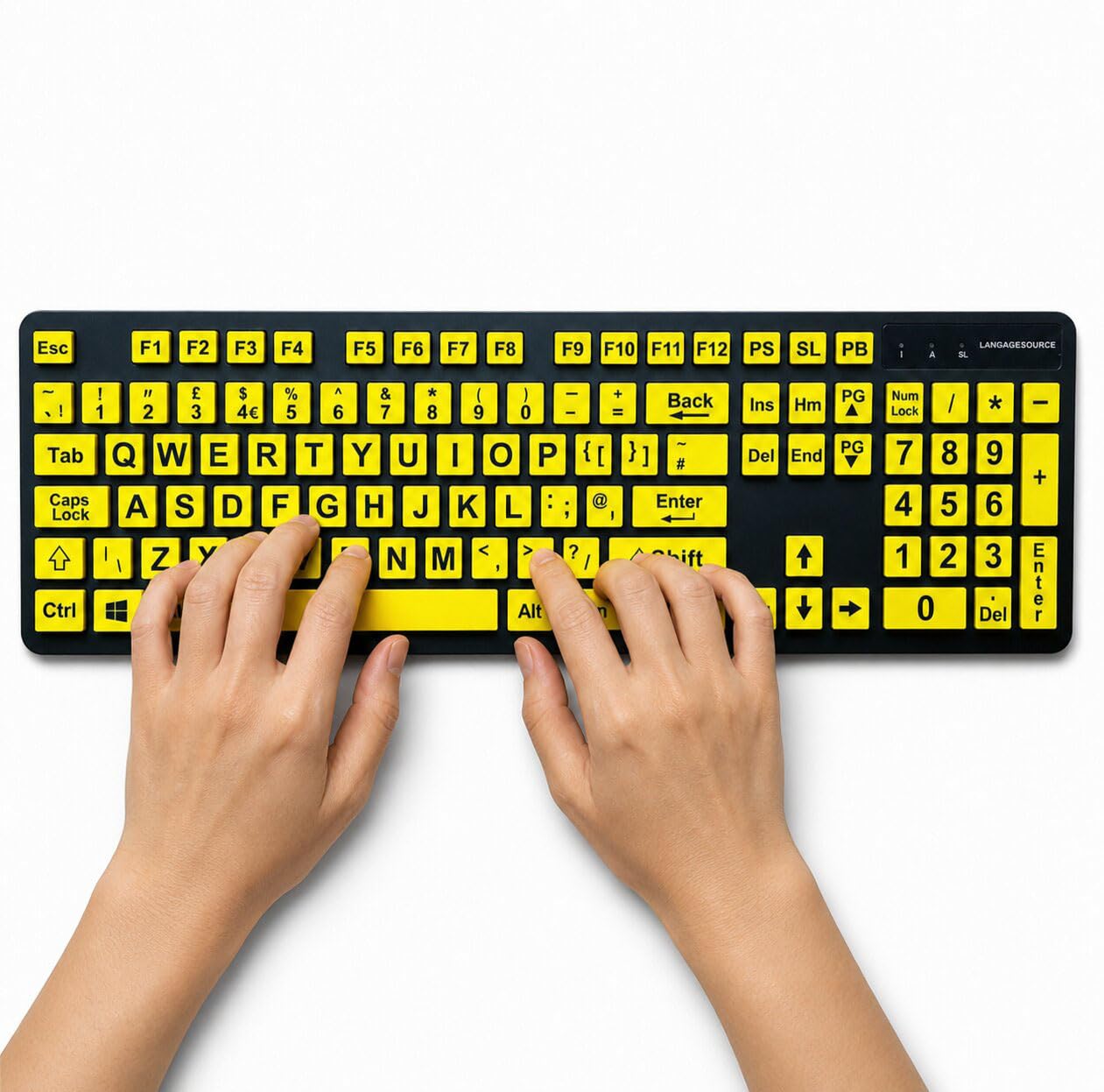 Grande tastiera di stampa, layout inglese in lingua inglese, tastiere USB cablate per computer tasti gialli per ipovedenti e ipovedenti.