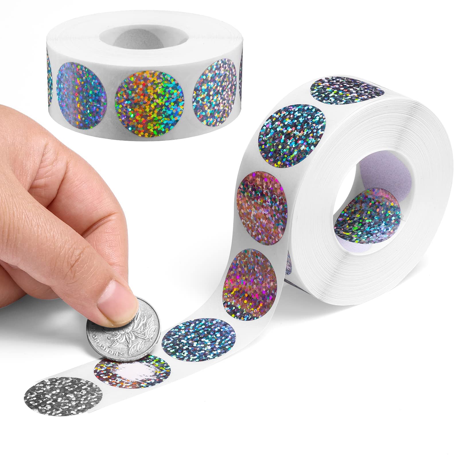 2 Rolls Scratch Offs Sticker Round Silver Hologram Holographic Sticker Glitter Labels DIY Make Your Own Lottery Holographic Ticket Games, 1 x 1 Inch Circle (300Pcs/ Roll)