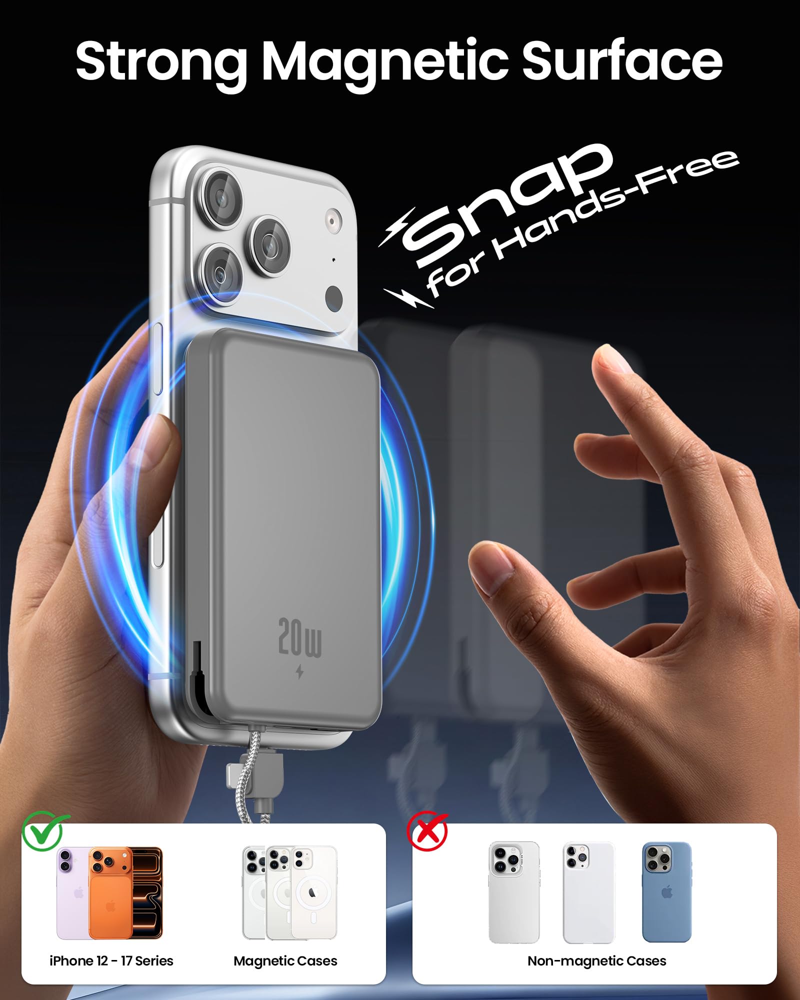 golioklsy Cargador portátil, cargador de teléfono de 10000 mAh con cable integrado, carga rápida PD de 20 W, paquete de batería delgado con pantalla LED, esencial de viaje para iPhone 17/16/15/14