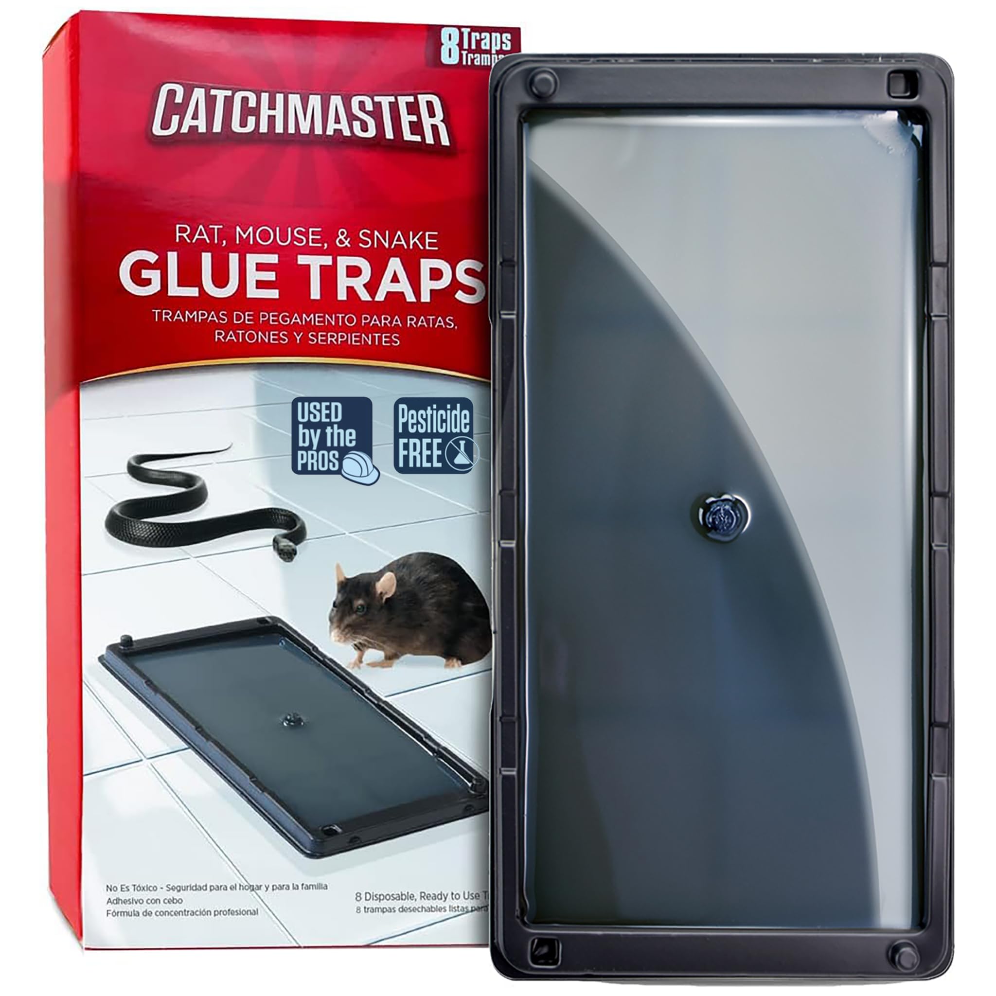 CatchmasterBaited Glue Traps - 8 Pre-Baited Trays, Ready to Use Indoors. Rat Mouse Snake Exterminator Plastic Sticky Adhesive Easy No-Mess Simple Non-Toxic Disposable - Made in the USA