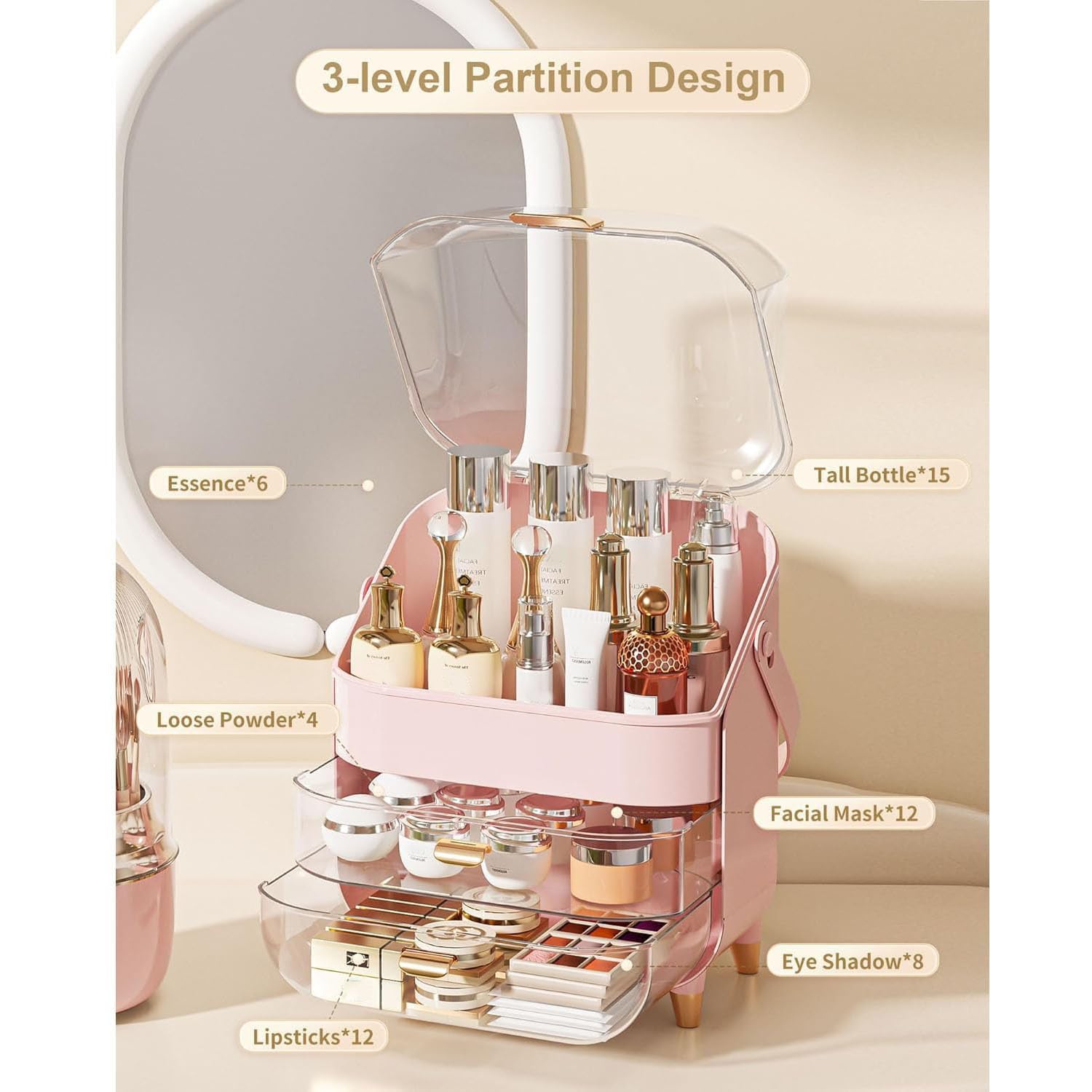 Organizador de maquillaje, organizador para el cuidado de la piel con tapa y cajones, organizador de encimera de baño, almacenamiento de maquillaje, vitrina grande para tocador, encimera de