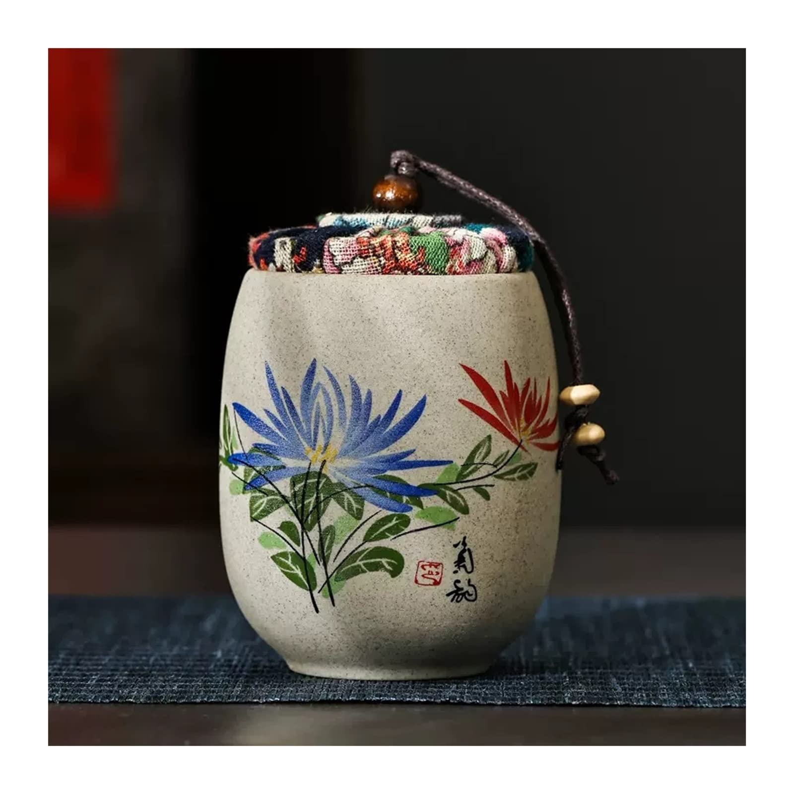 Yqinqin83b Chrysanthemums Stroage Jar Mini Chinese Style Coarse Pottery Tea Tin, 180Ml Sugar