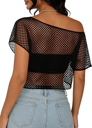 LilyCoco Women Mesh Fishnet Top Off The Shoulder Crop Tops